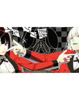 Anime girl desk pad 40x20 inches with two girls in red blazers, checkerboard background, poster line art.