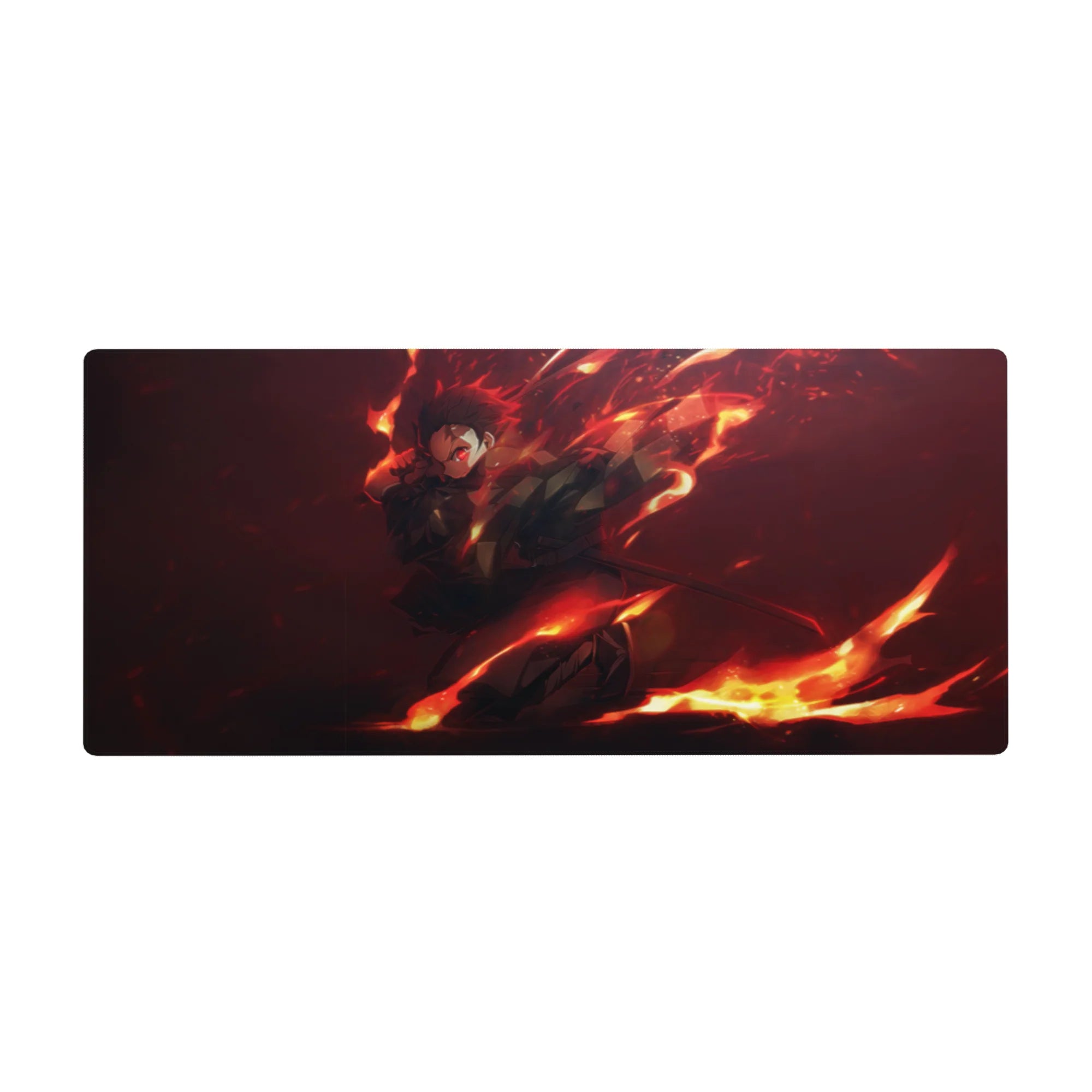 Anime mouse pad 36x16 inches featuring Tanjiro from Demon Slayer, charging through flames with glowing red eyes and fiery colors.
