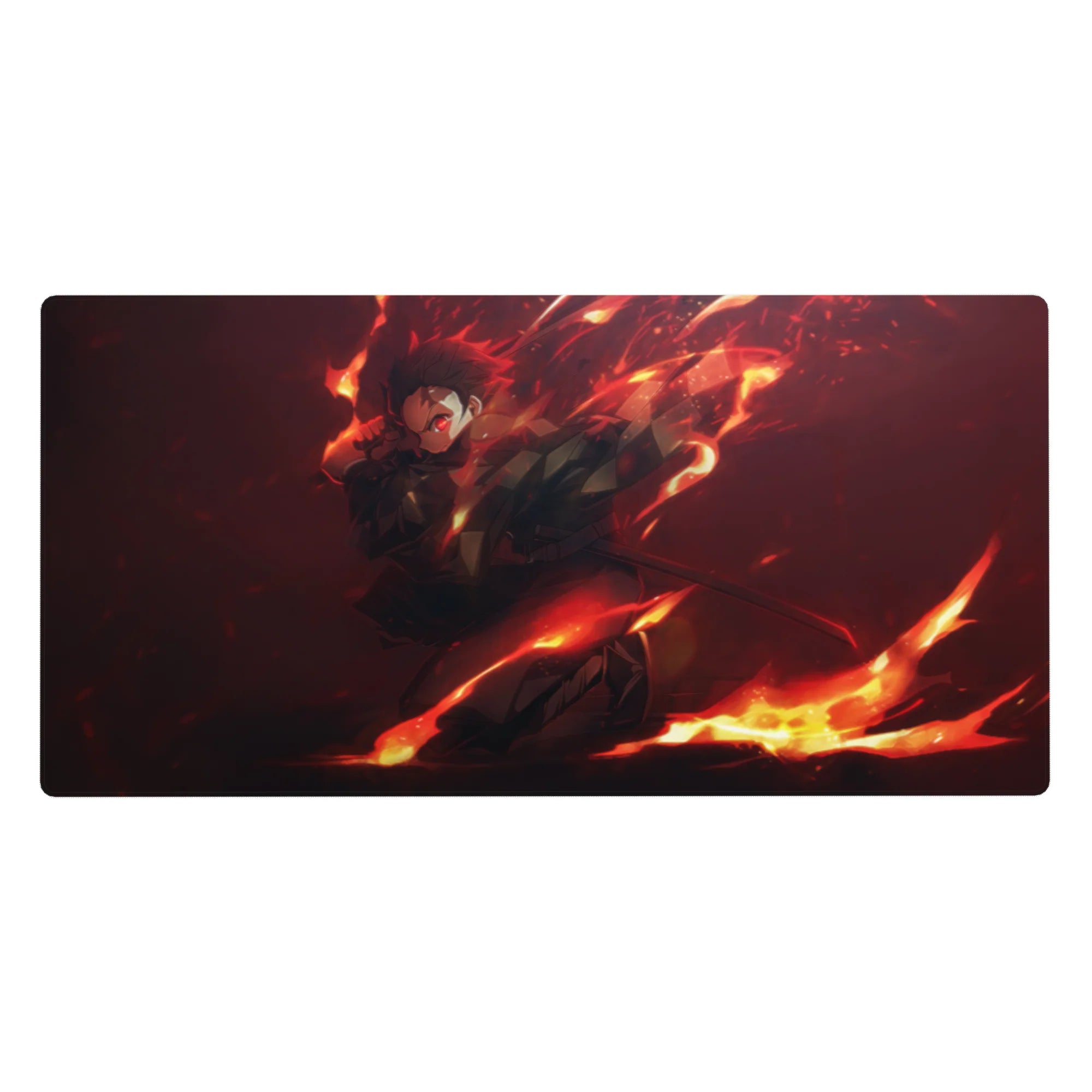 Tanjiro from Demon Slayer charges through flames on a 40x20 inch anime mouse pad with molten oranges and deep blacks.
