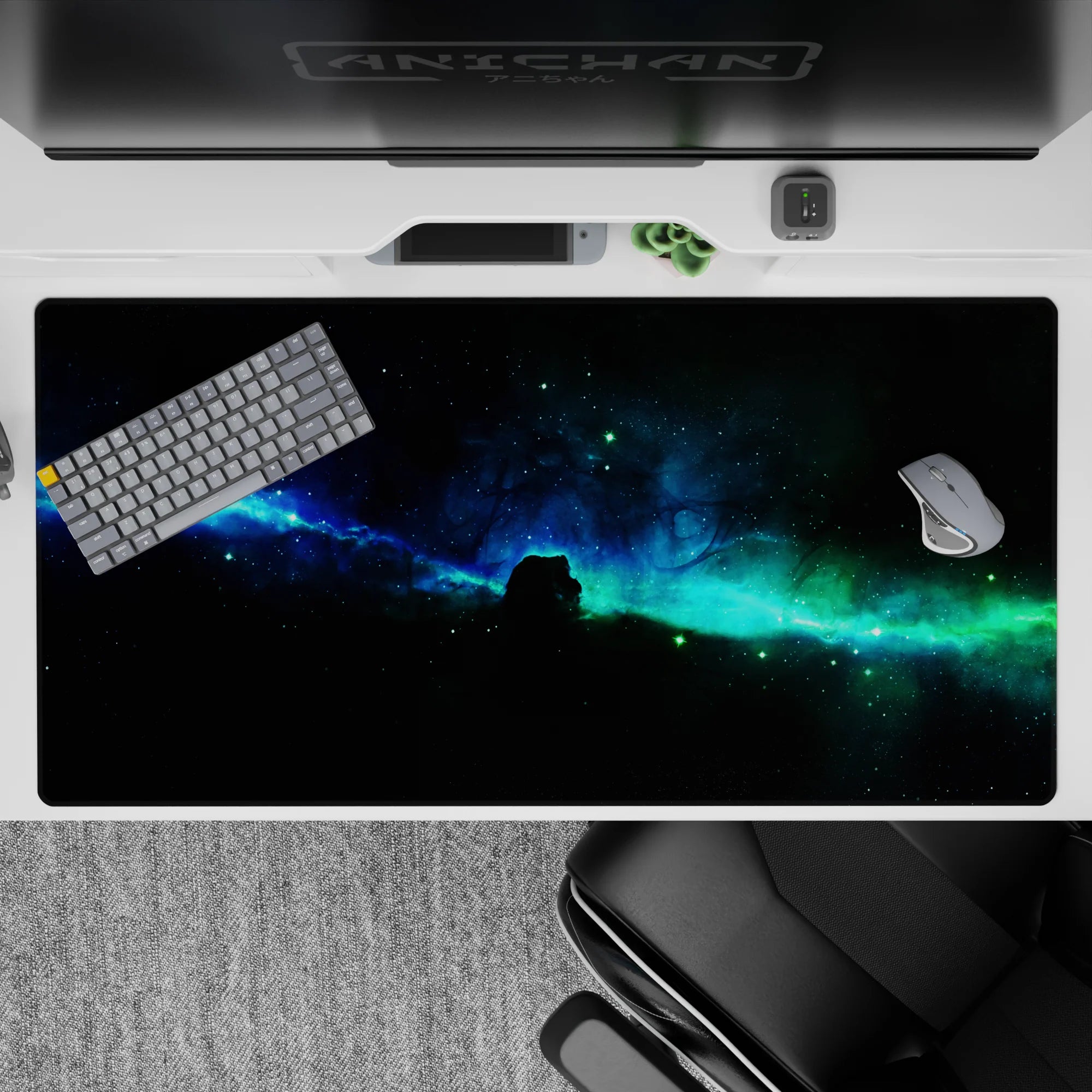 Calming black to teal and ocean blue desk pad 40x20 inches, dreamy starfield look for busy days.