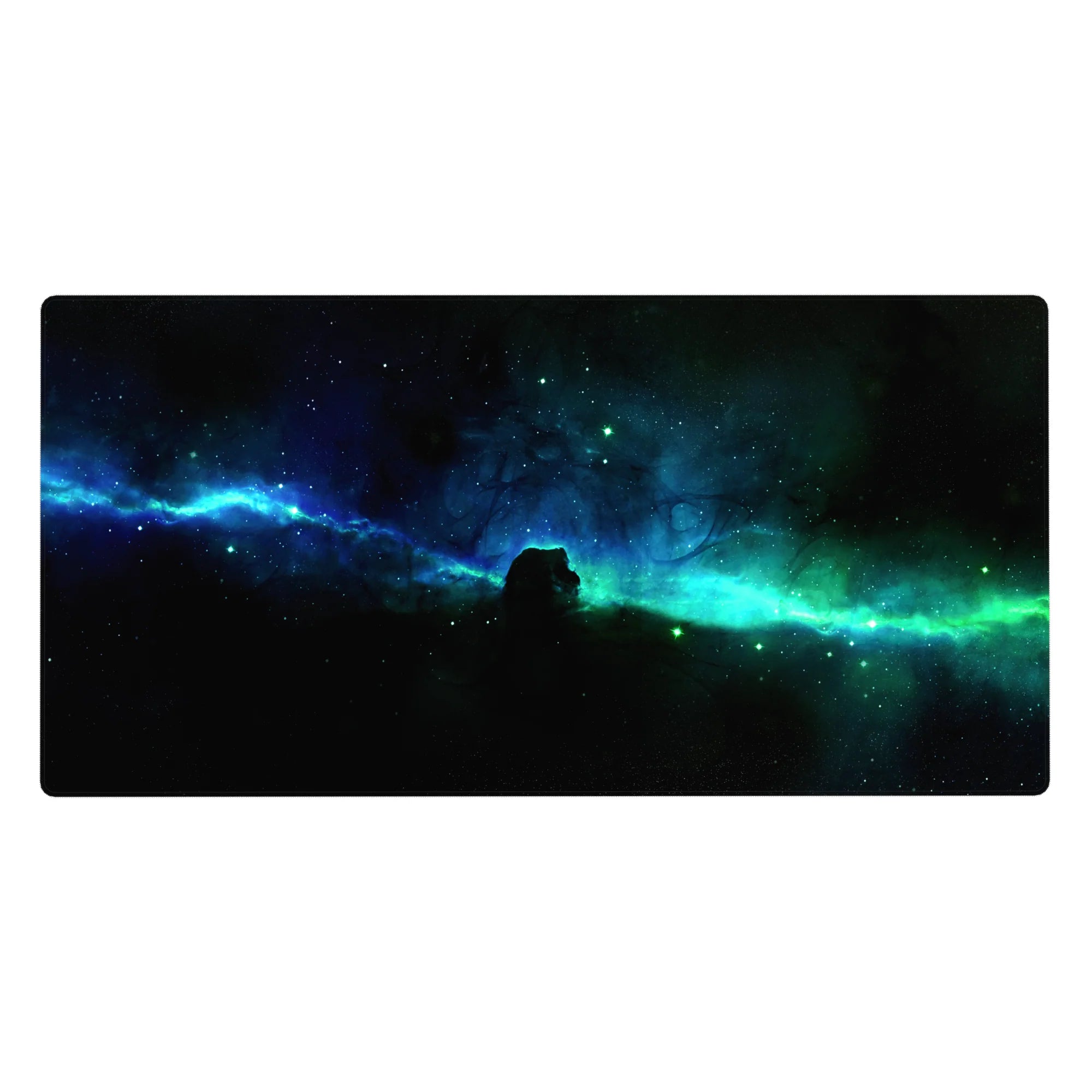 Midnight galaxy desk pad 40x20 inches with fading stars, smoky nebula band, and cozy cliff silhouette.