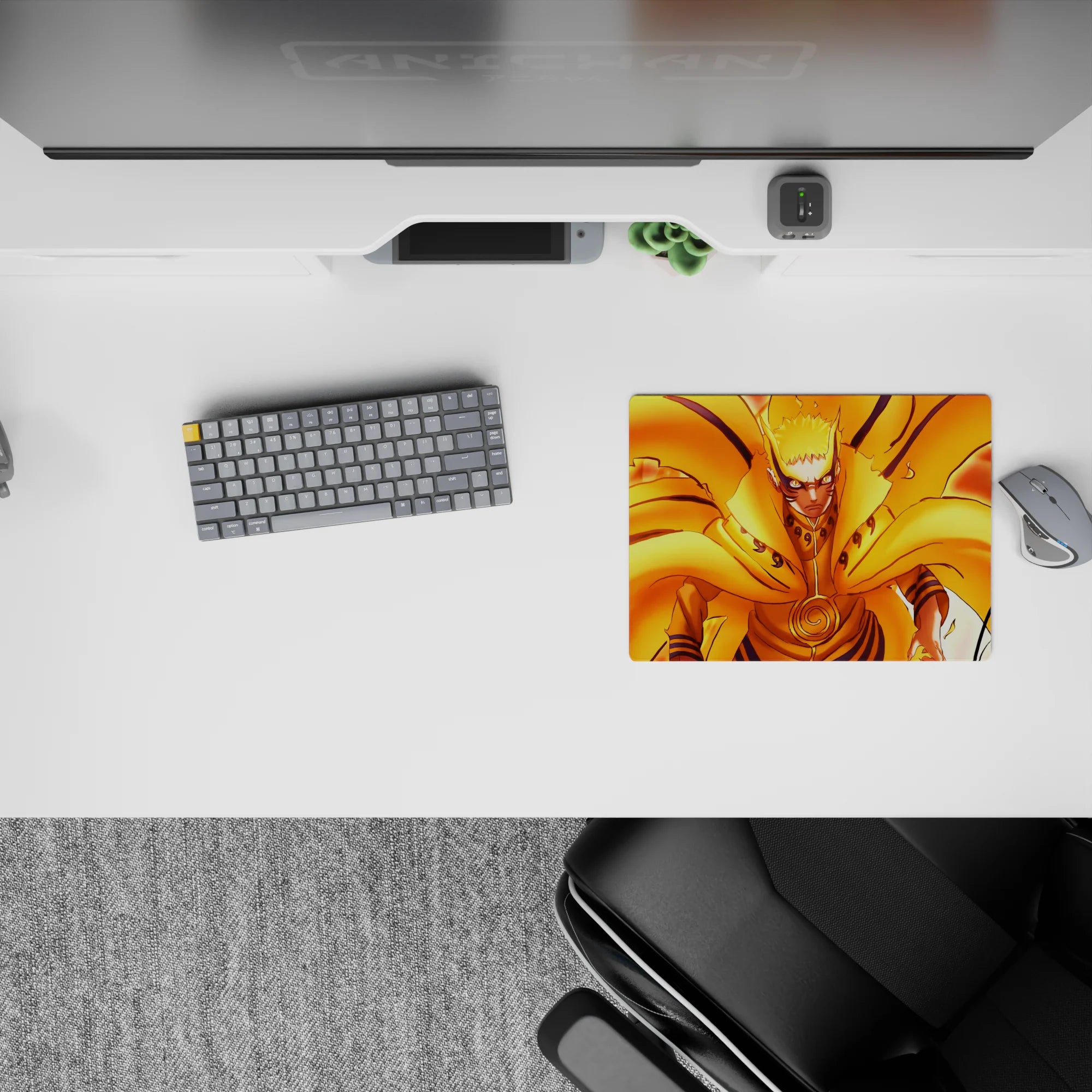 Hot orange and gold anime mouse pad 14x10 inches, fast fiery vibe with glowing tails and sharp contrast.