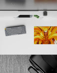 Hot orange and gold anime mouse pad 14x10 inches, fast fiery vibe with glowing tails and sharp contrast.