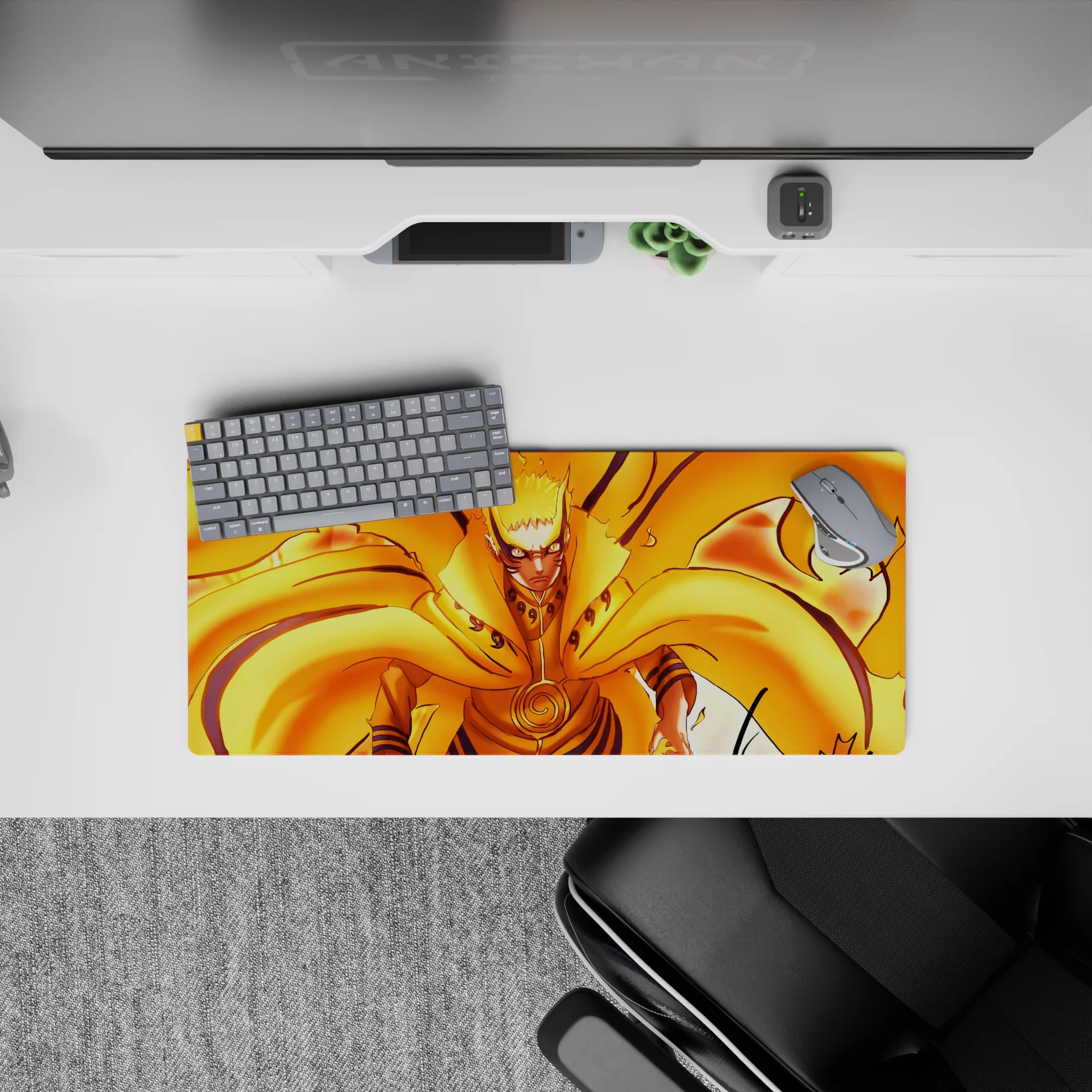 28x12 inches anime mouse pad in hot orange and gold, fast loud energy with glowing chakra flames.