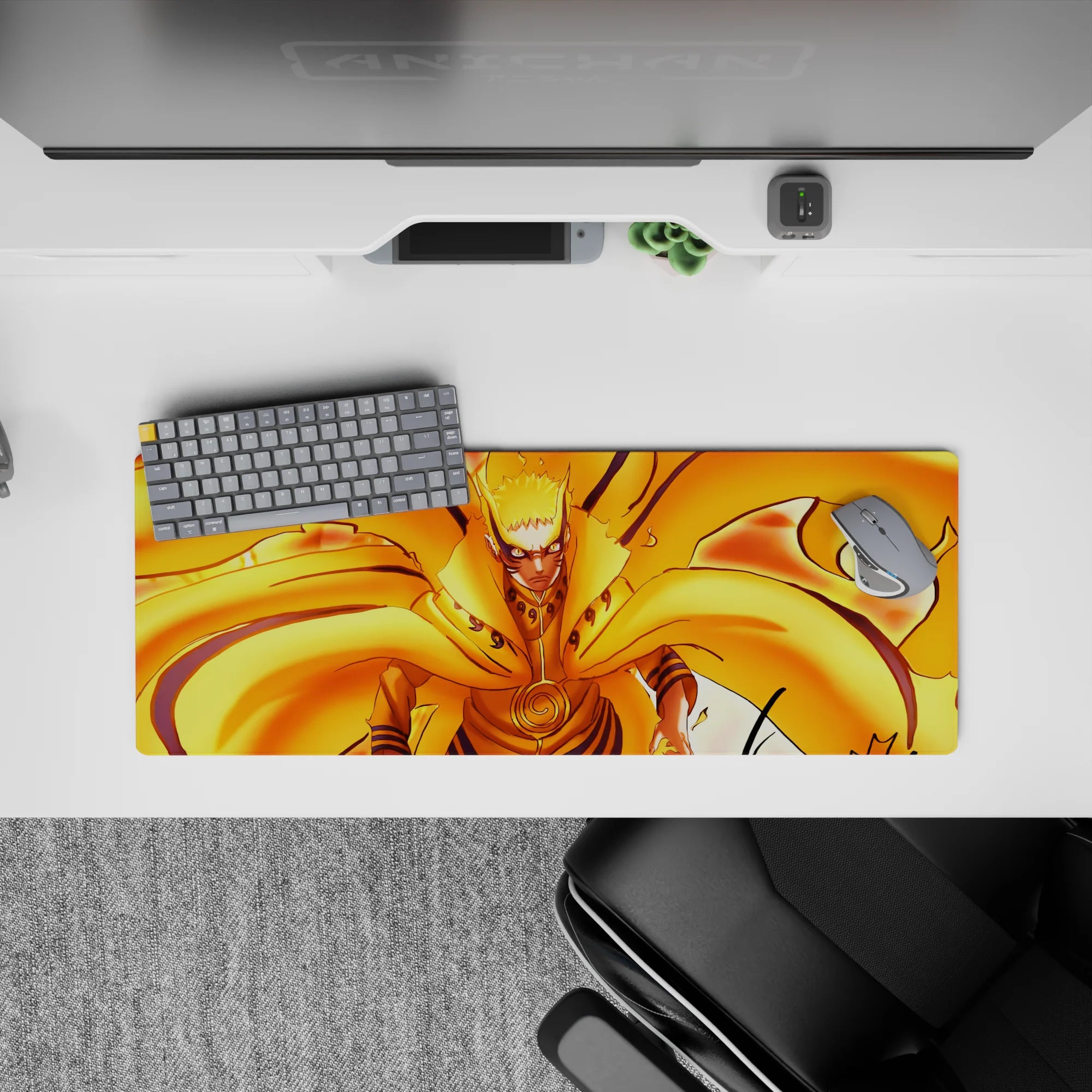 Anime mouse pad 32x12 inches in hot orange and gold flames, fast loud energy with cozy vibe.