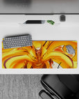 Anime mouse pad 32x12 inches in hot orange and gold flames, fast loud energy with cozy vibe.