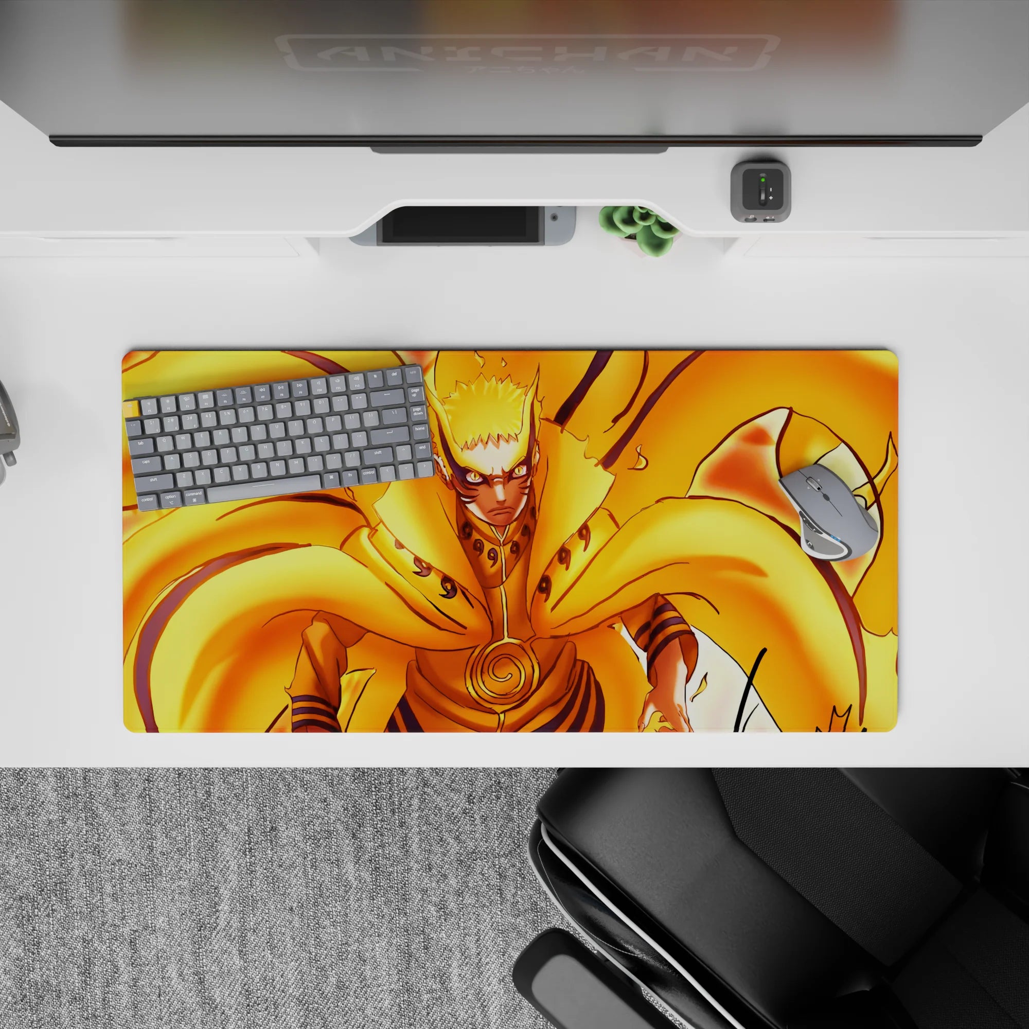 32x16 inches anime desk mat in hot orange and gold glow, intense energy vibe with swirling chakra flames.
