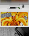 32x16 inches anime desk mat in hot orange and gold glow, intense energy vibe with swirling chakra flames.