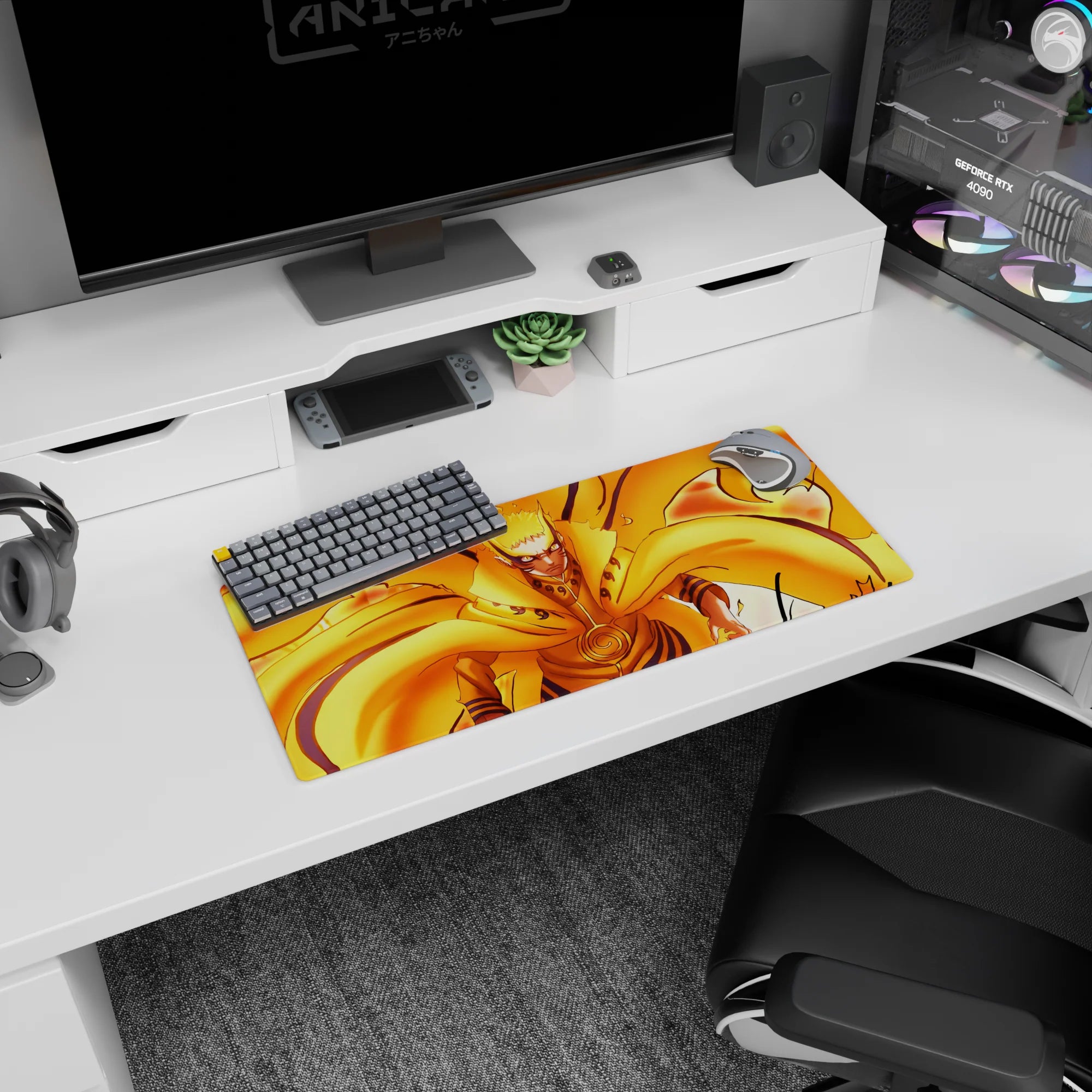 28x12 inches Naruto mouse pad showing Uzumaki with whisker marks and spiral seal, staring forward.