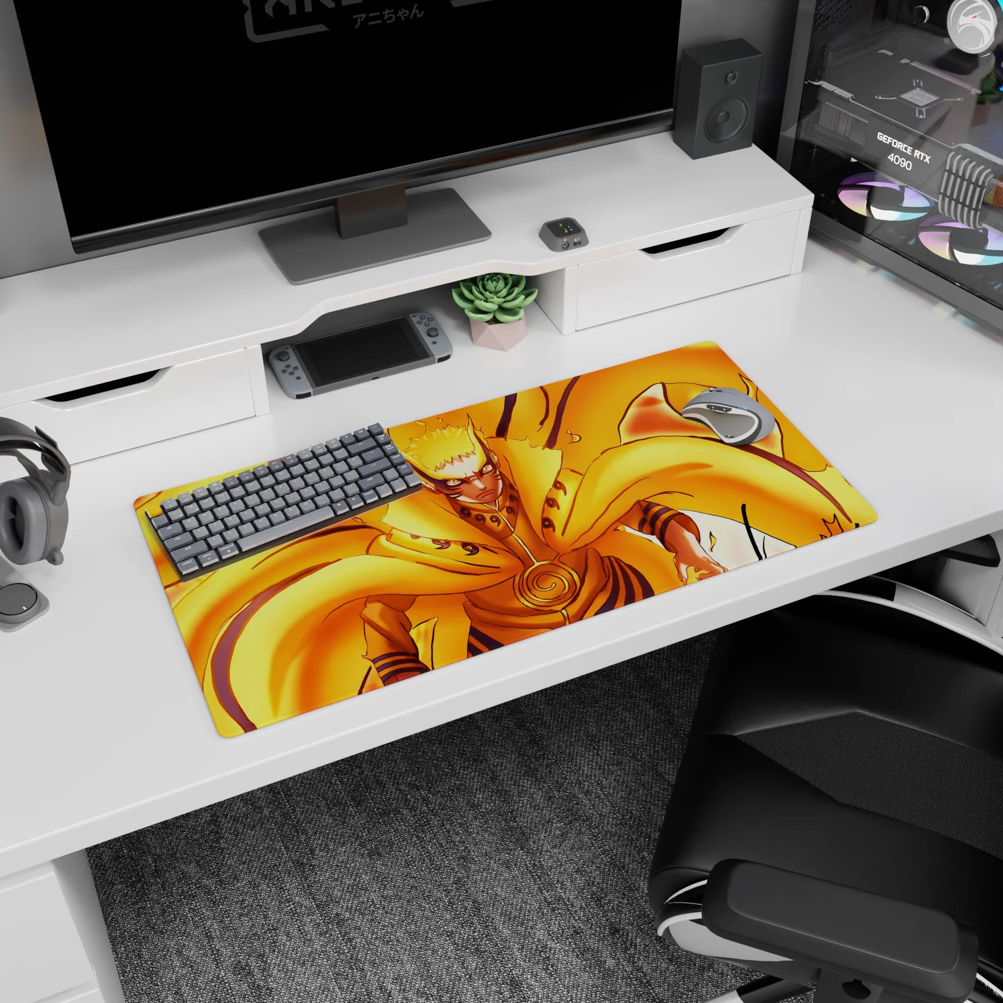 32x16 inches Naruto mouse pad showing Naruto Uzumaki with whisker marks and spiral seal, staring forward.