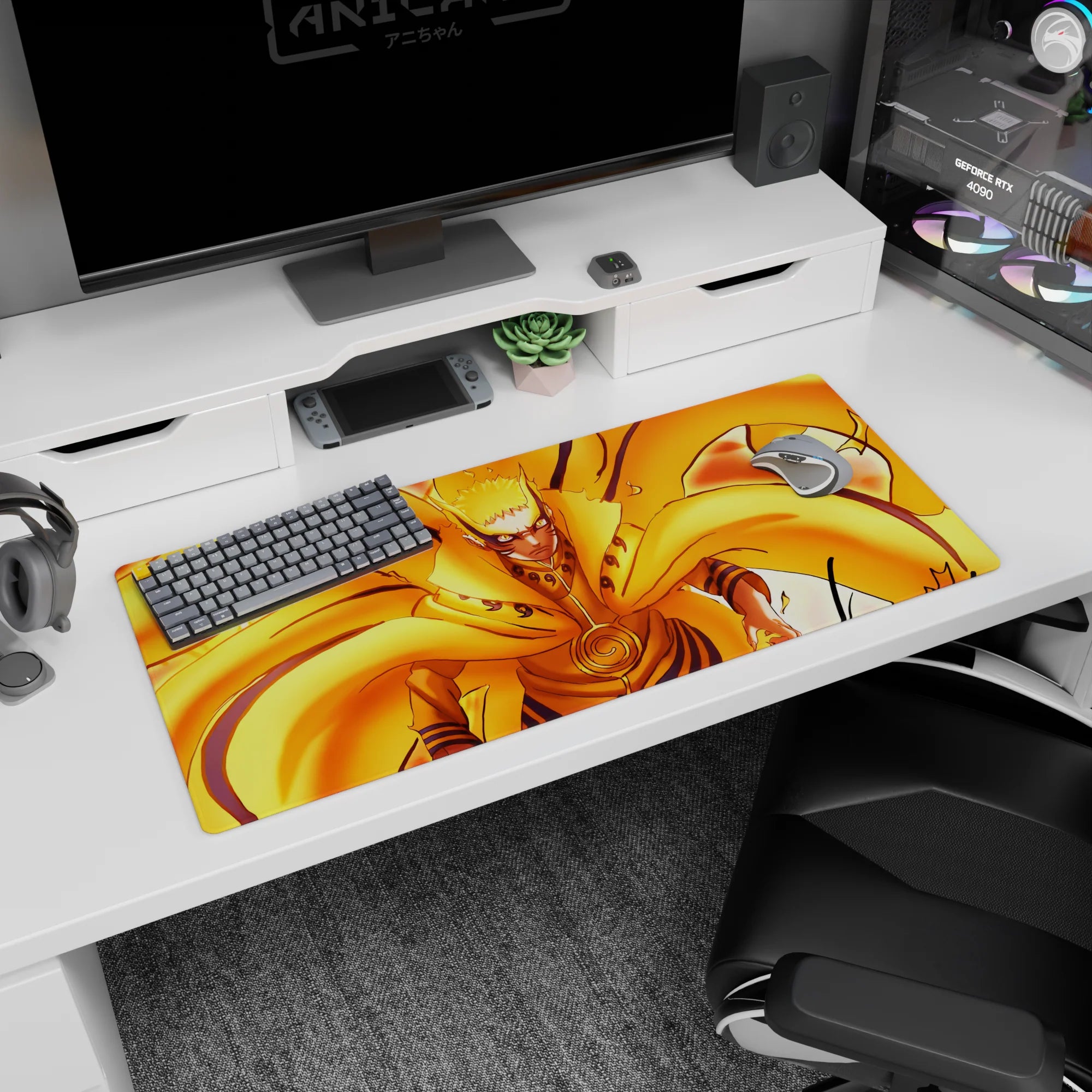 Naruto Uzumaki in Kurama chakra cloak staring forward, whisker marks and chest seal desk pad, 36x16 inches.