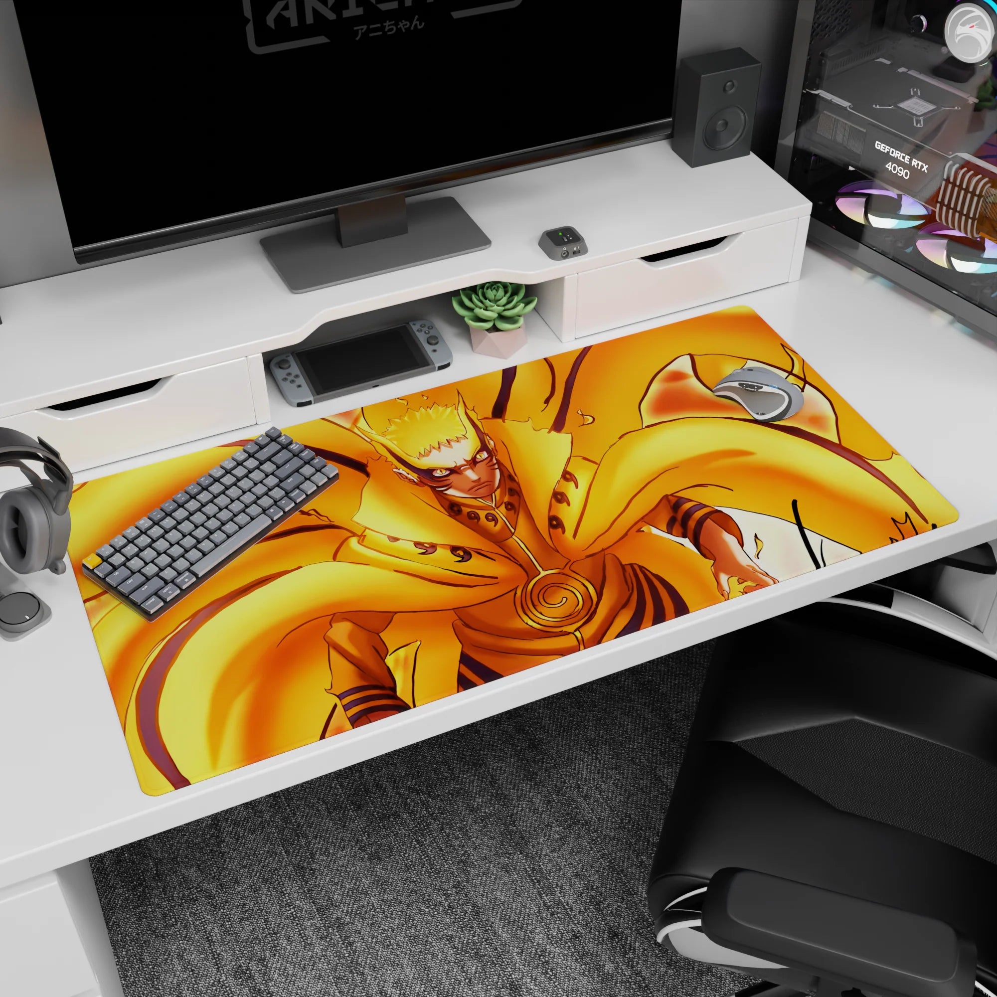 40x20 inches desk pad featuring Naruto Uzumaki in Kurama chakra mode, whisker marks and tail flames.