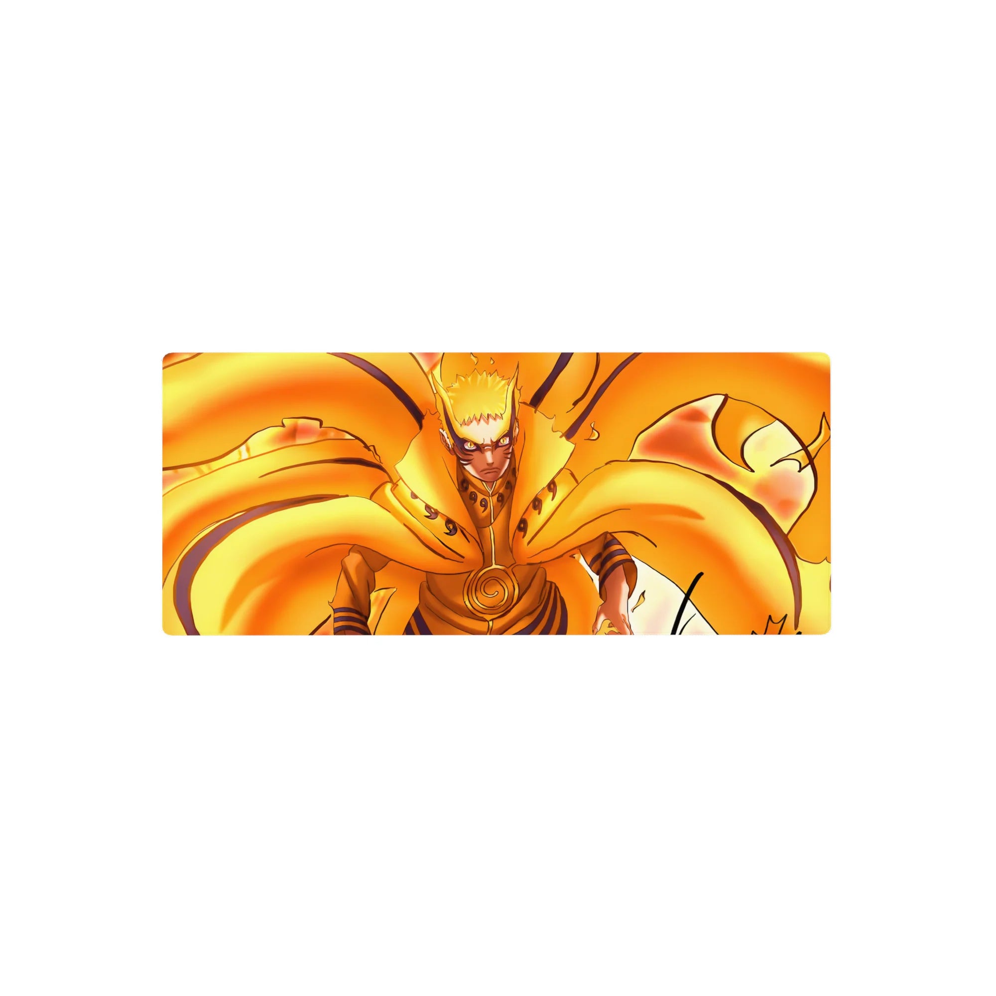 28x12 inches anime mouse pad with Naruto in Kurama chakra mode, flame tails and bold black lines.