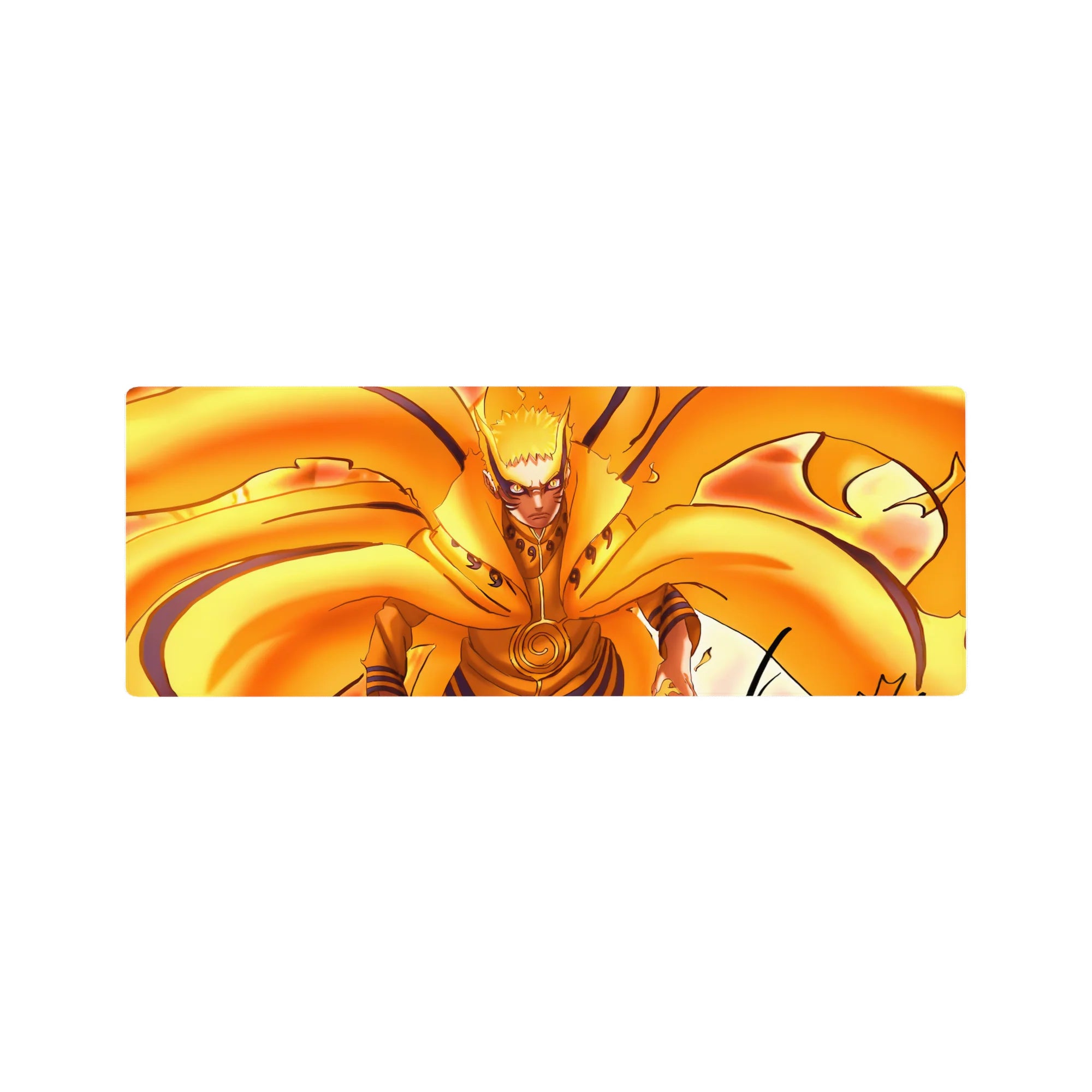 Anime mouse pad 32x12 inches with fiery Kurama chakra tails, bold black line art and spiral seal.