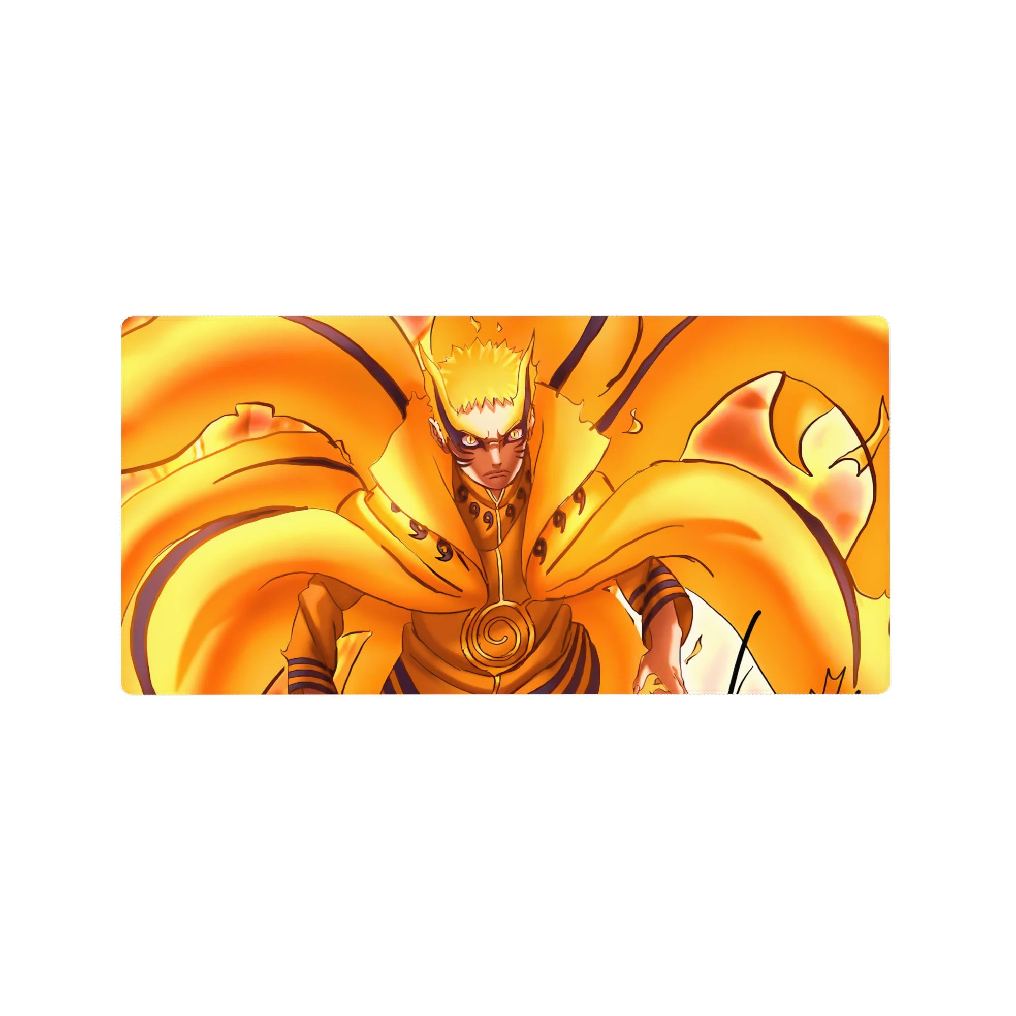 32x16 inches anime mouse pad with Naruto in Kurama chakra mode, flame tails and bold black line art.