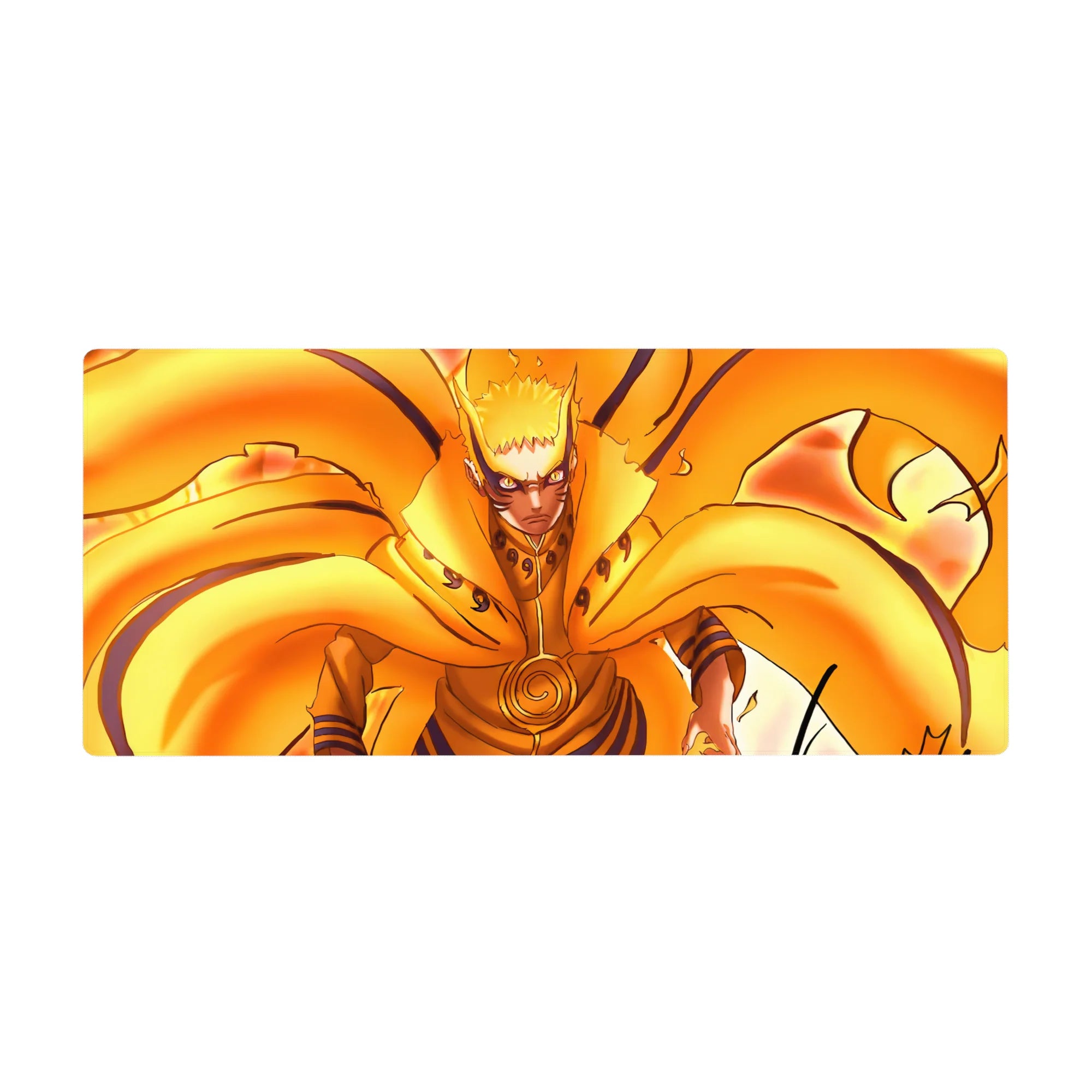 Naruto Shippuden Kurama chakra mode anime desk pad with flame tails and spiral seal, 36x16 inches.