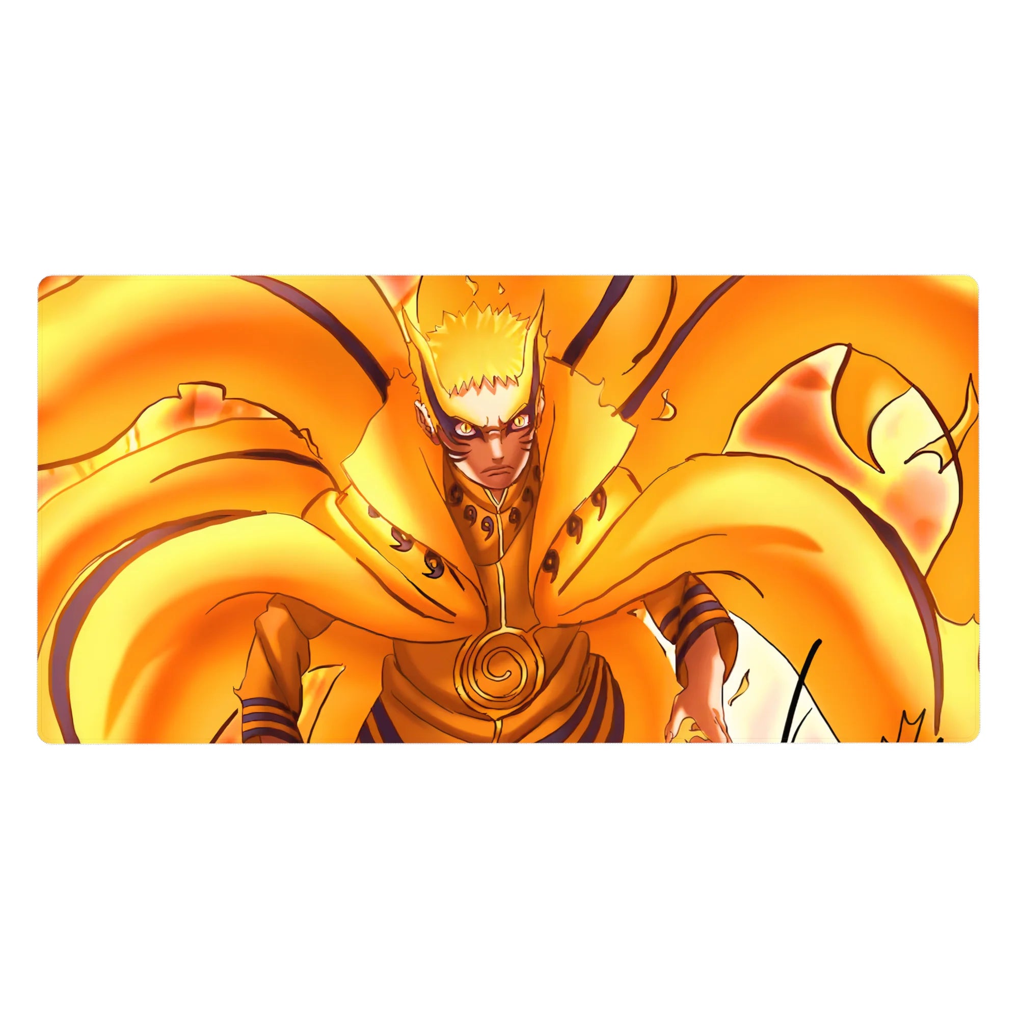 40x20 inches anime desk pad with Kurama chakra flames, spiral seal center, bold black line art.