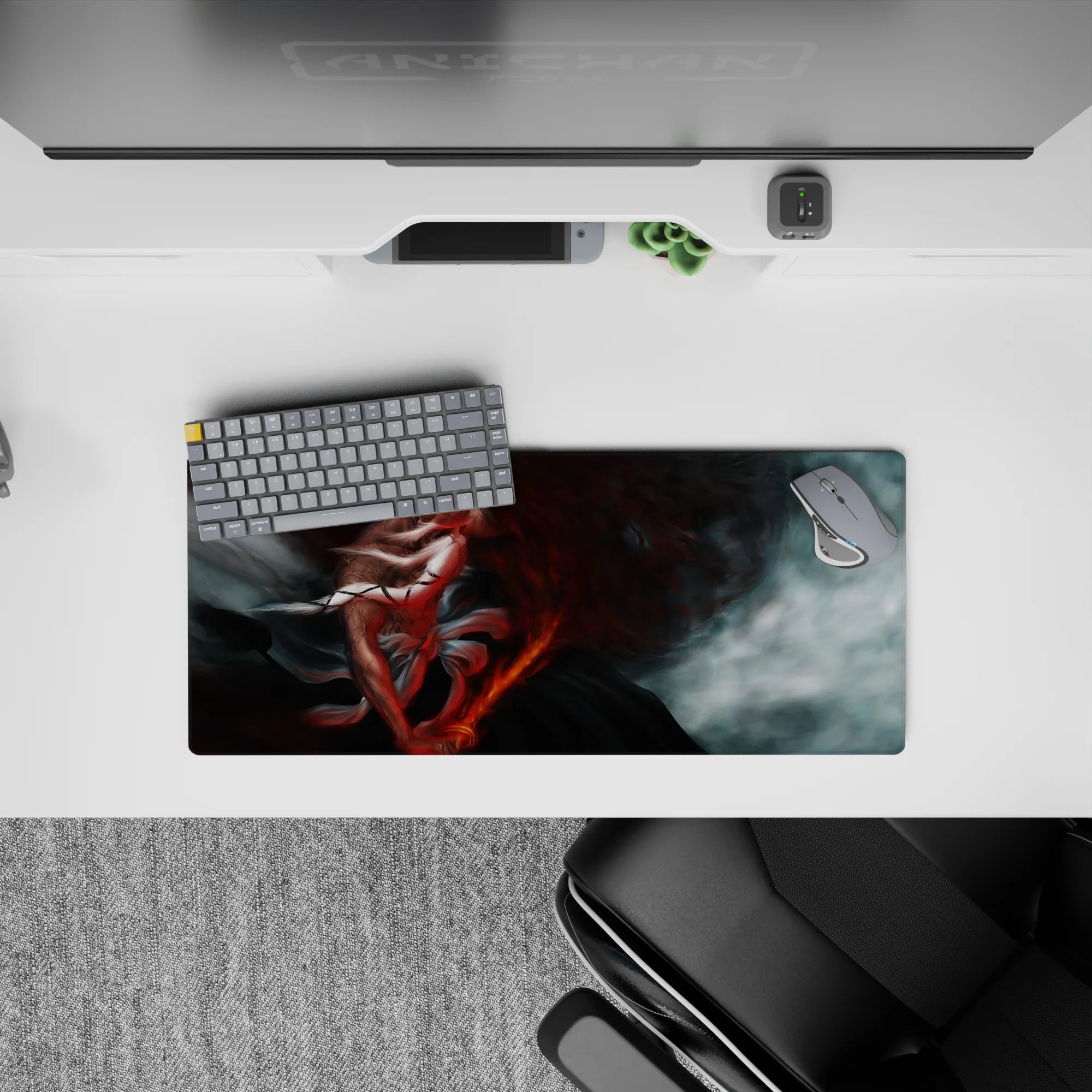 Yamamoto from Bleach anime on a 28x12 inch mouse pad, featuring fiery textures, cracked skin, and a blazing sword.