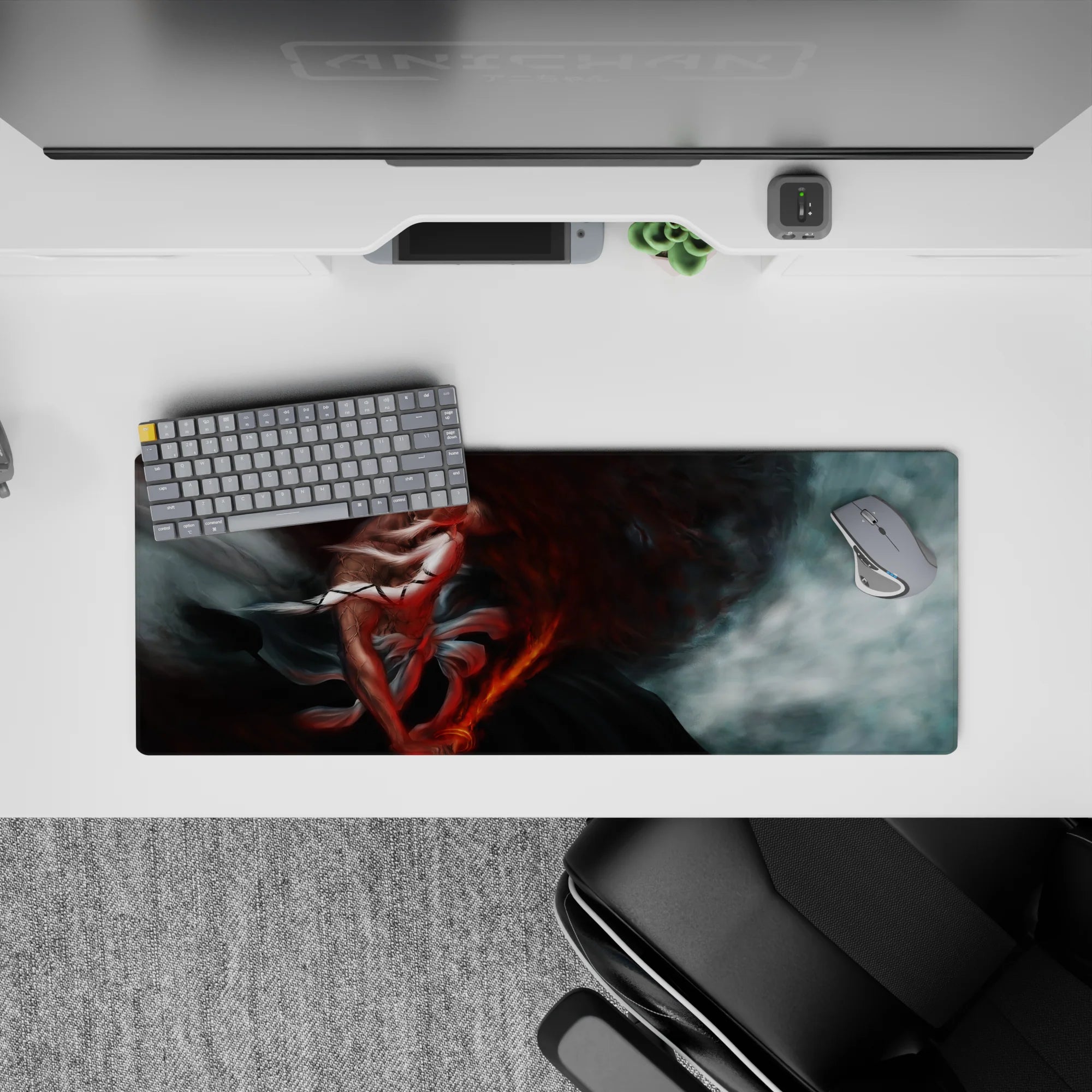 Yamamoto from Bleach anime on a 32x12 inch mouse pad, featuring cracked skin, blazing sword, and fiery storm of red ash.