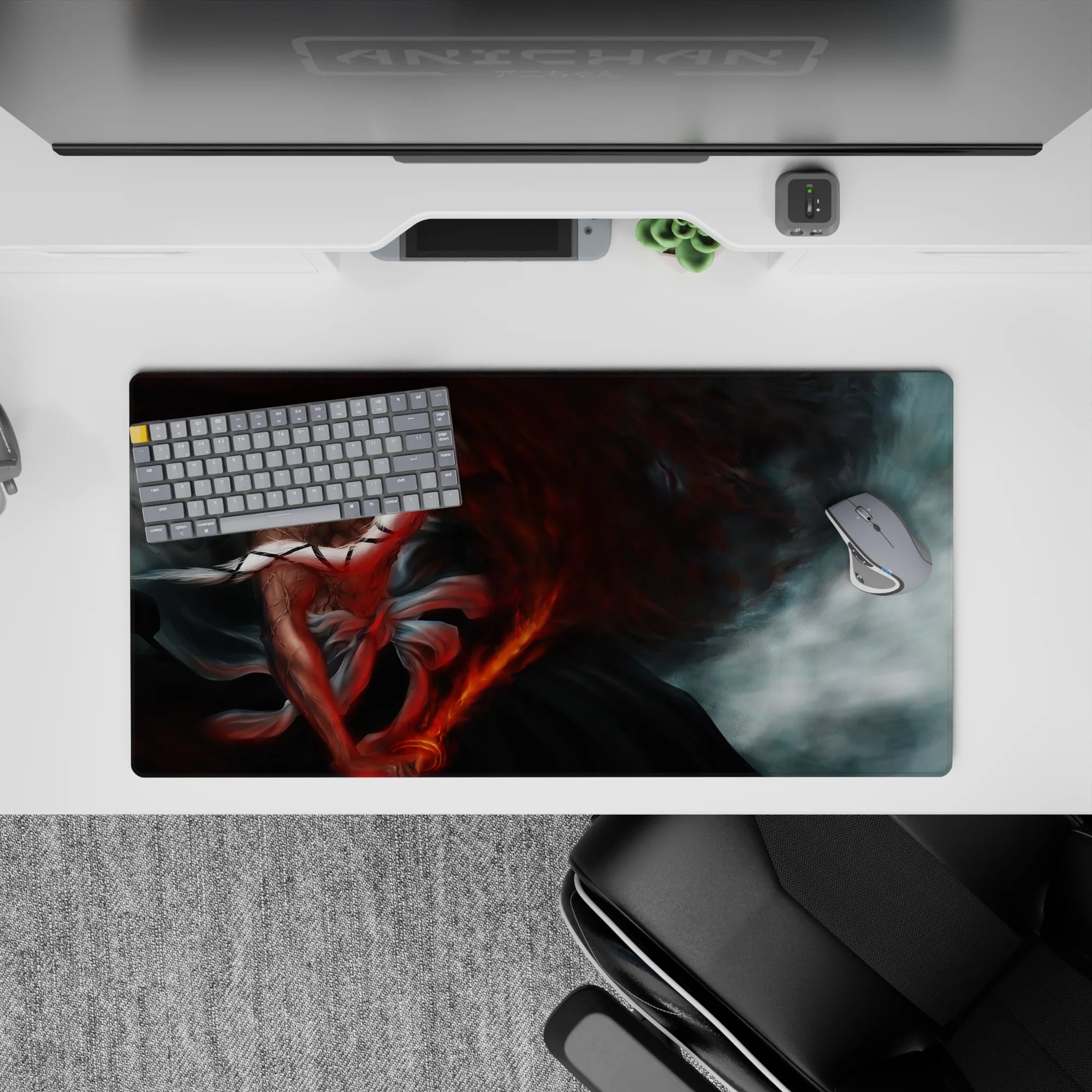 Yamamoto from Bleach anime mouse pad, 32x16 inches, featuring cracked skin, blazing sword, red ash storm, vivid colors.