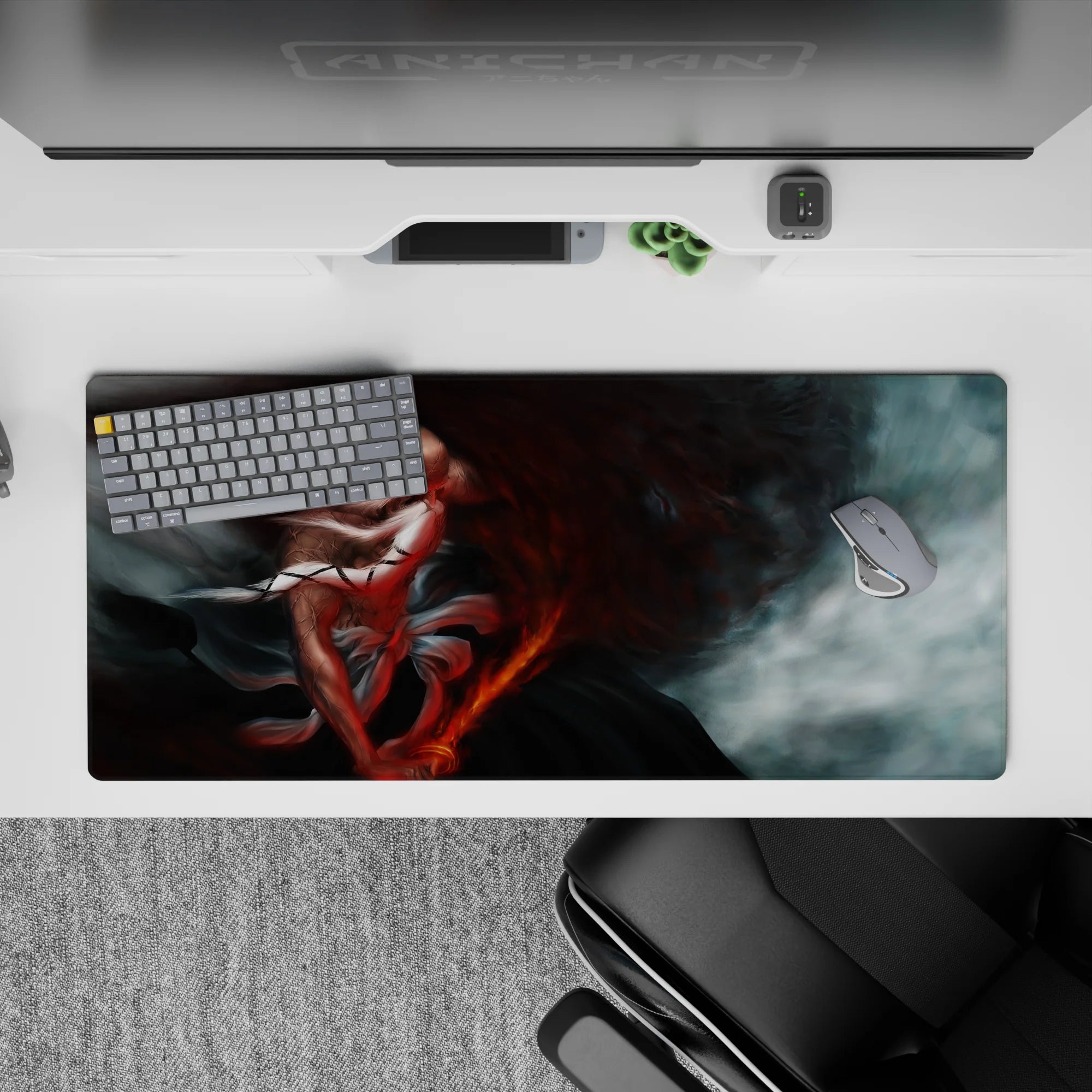 Anime desk pad 36x16 inches featuring Yamamoto from Bleach, with cracked skin, blazing sword, and spiraling red ash.