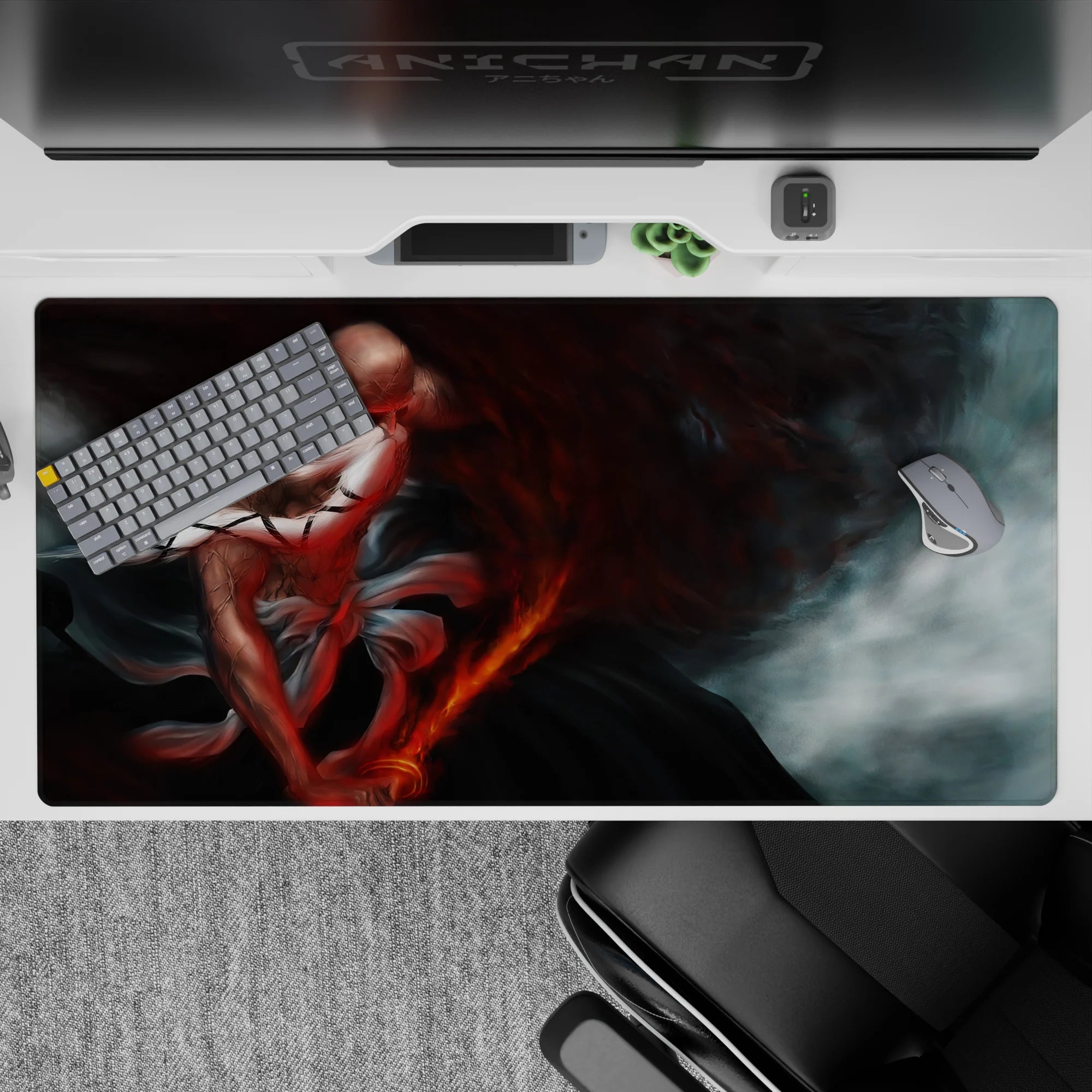 Anime desk pad 40x20 inches featuring Yamamoto from Bleach, showcasing cracked skin, blazing sword, storm of red ash.