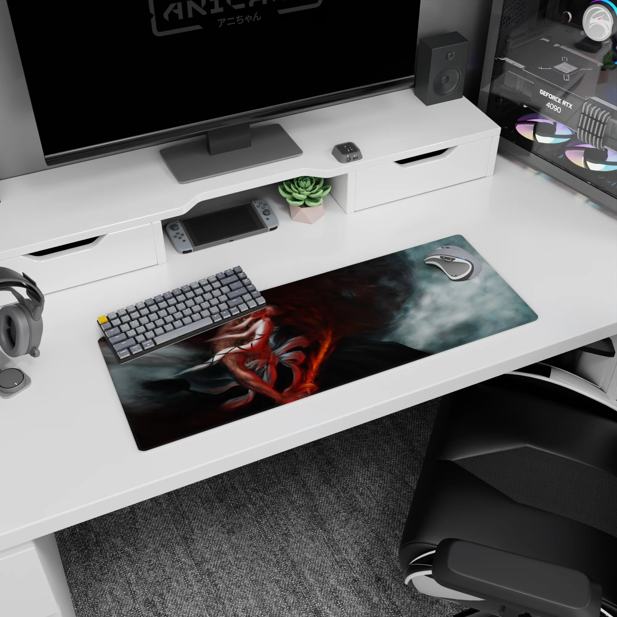 Anime mouse pad 32x12 inches featuring Yamamoto from Bleach, showcasing his blazing sword and swirling red ash in vivid detail.