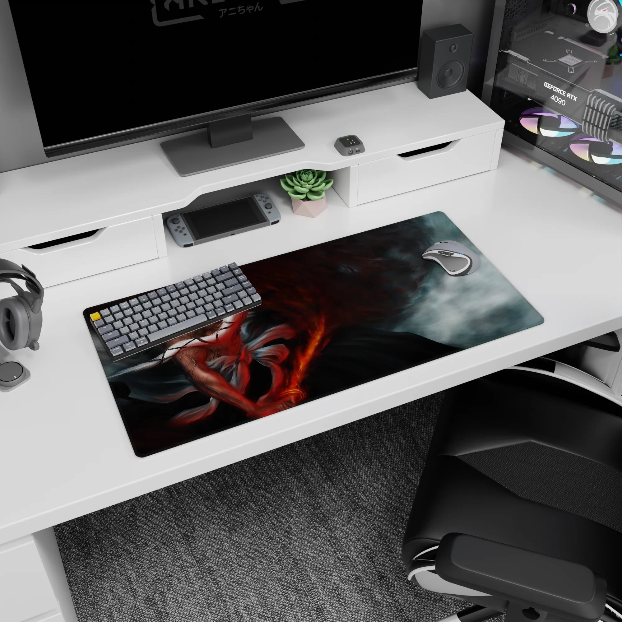 Yamamoto from Bleach anime depicted on a 32x16 inch mouse pad, featuring cracked skin, blazing sword, and red ash storm.