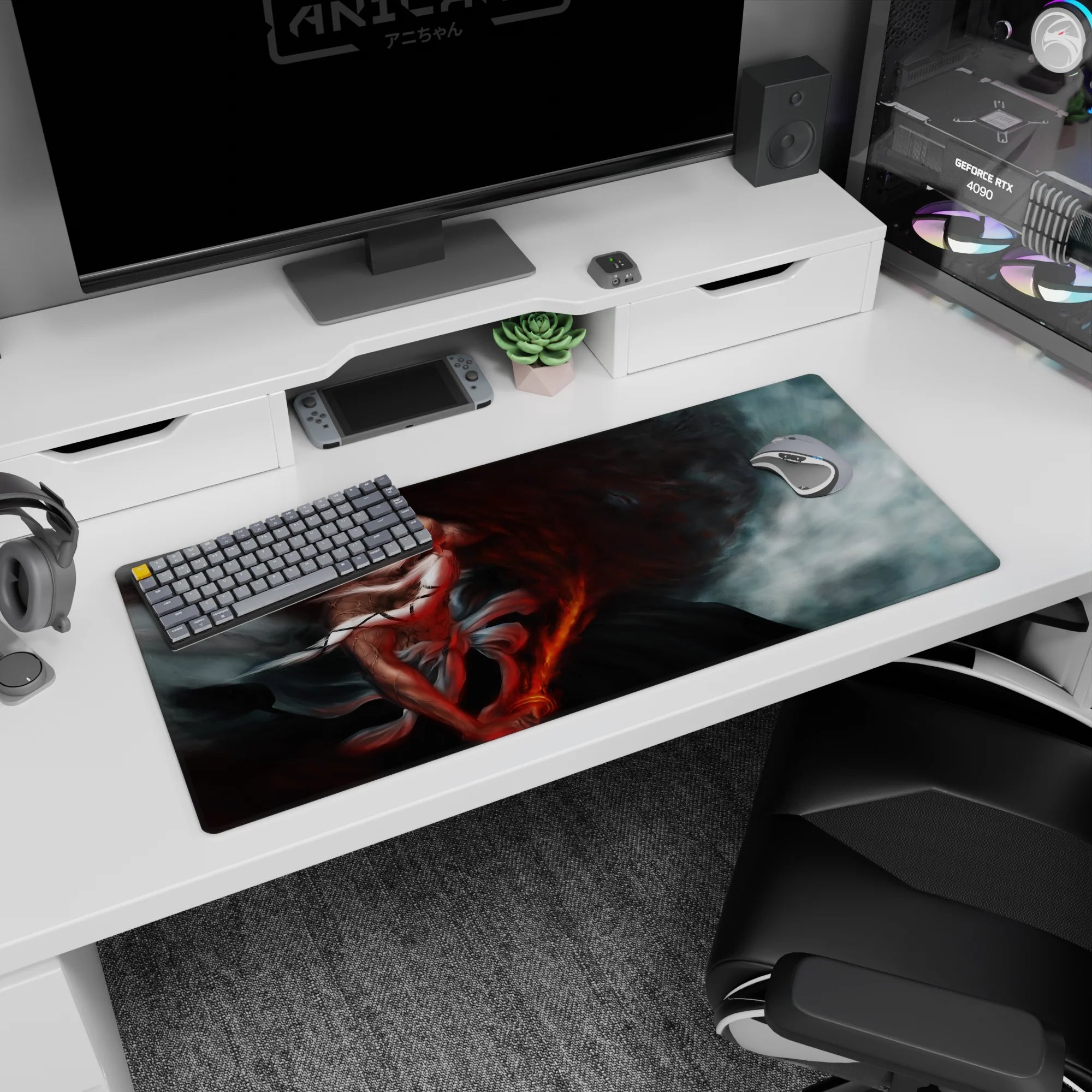 Anime mouse pad 36x16 inches featuring Yamamoto from Bleach, with cracked skin, blazing sword, and red ash storm.