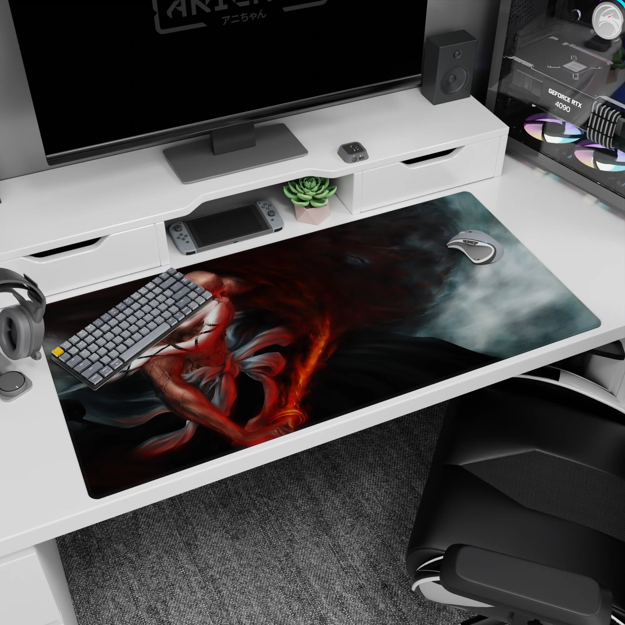 Anime mouse pad featuring Yamamoto from Bleach, 40x20 inches, showcasing cracked skin, blazing sword, and fiery red ash.