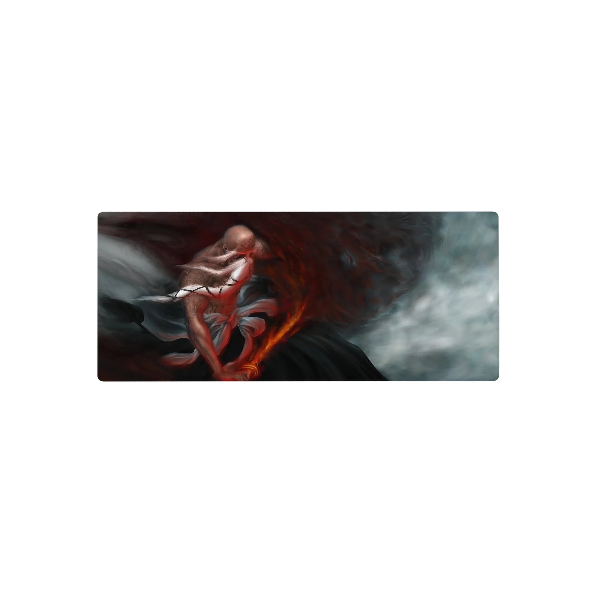 Yamamoto from Bleach anime mouse pad, 28x12 inches. Features fiery scene with cracked skin, blazing sword, and swirling red ash.