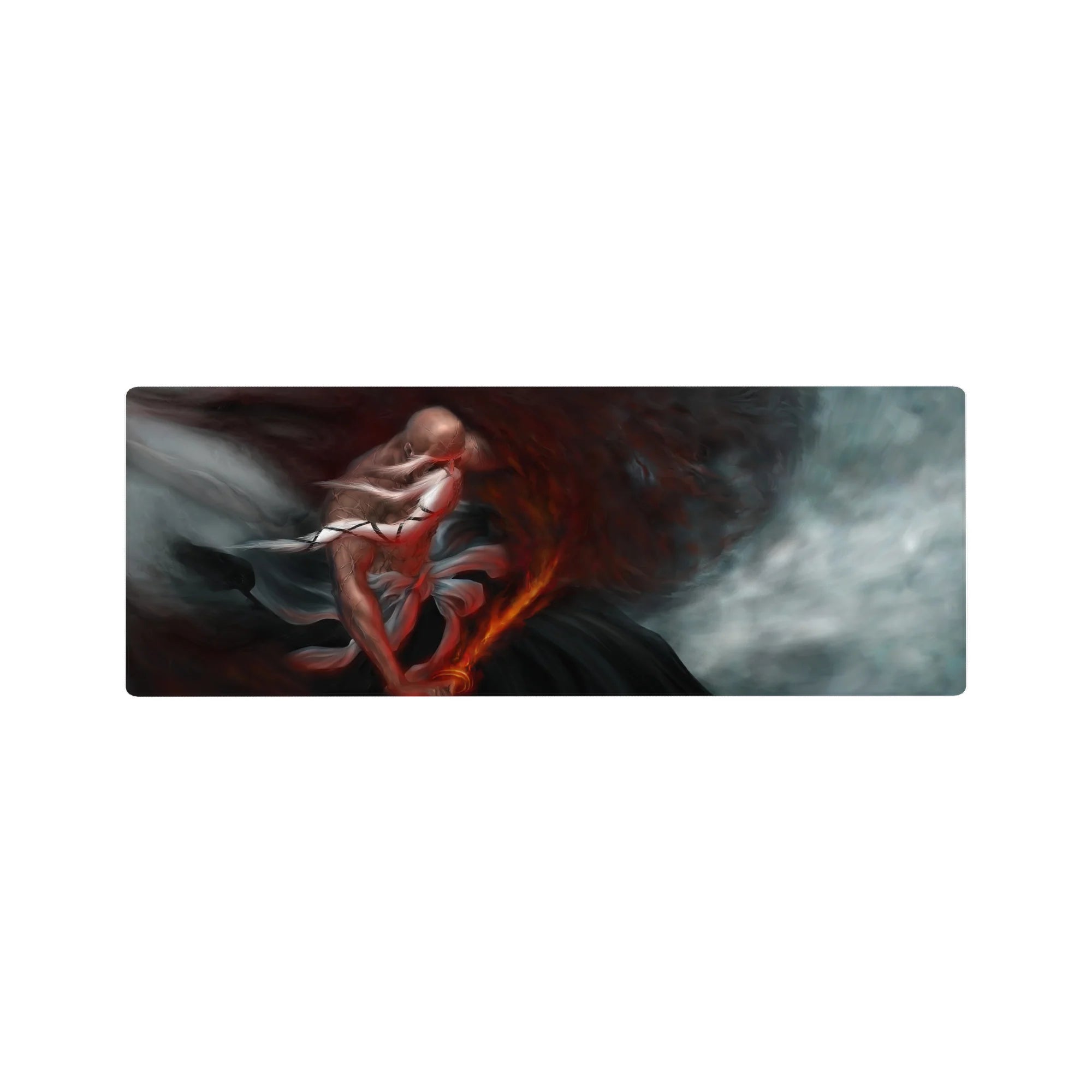 Anime mouse pad 32x12 inches featuring Yamamoto from Bleach with cracked skin, blazing sword, and storm of red ash.