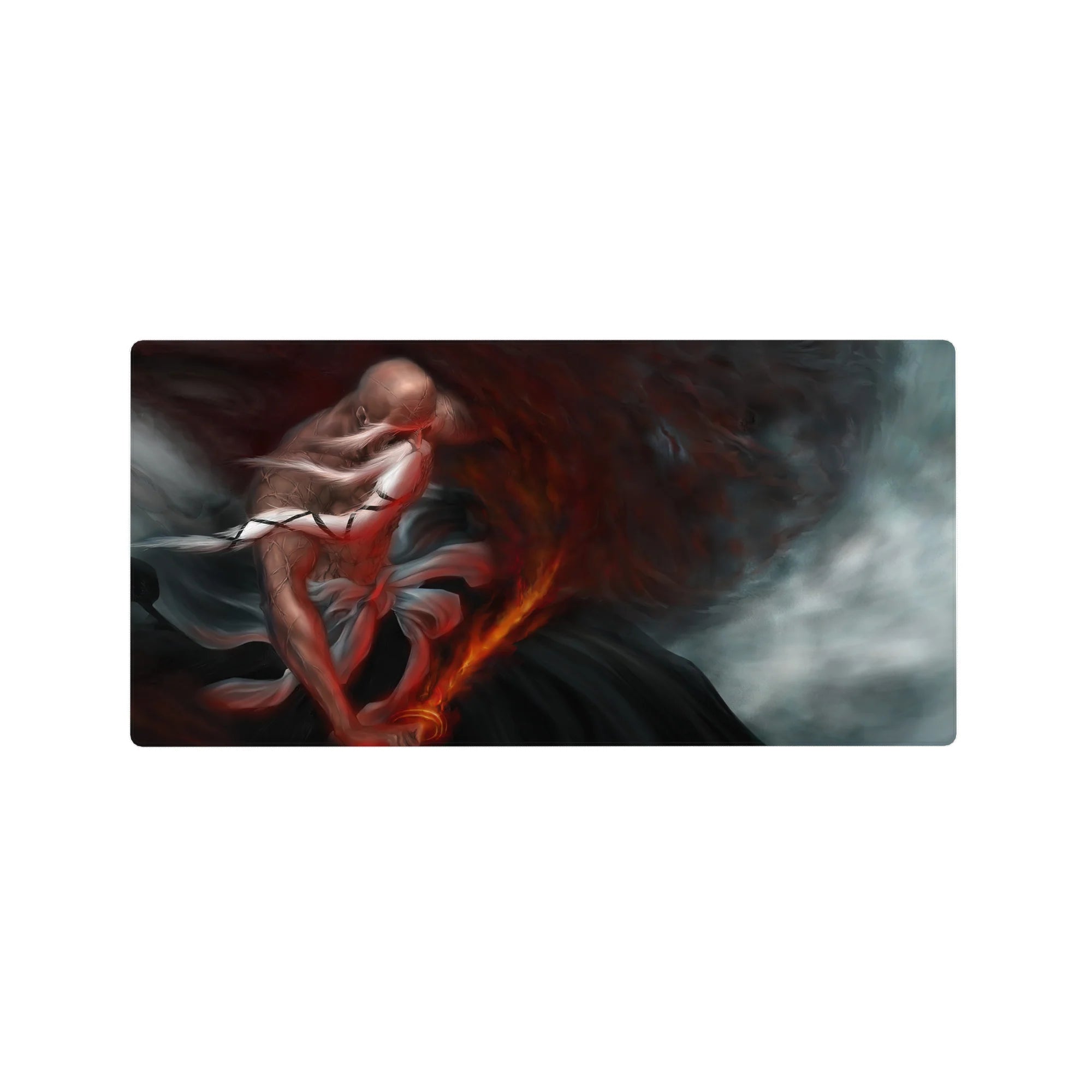 Yamamoto from Bleach on 32x16 inch mouse pad with cracked skin, blazing sword, red ash, deep blacks, and molten orange.
