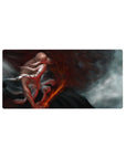 Yamamoto from Bleach on 32x16 inch mouse pad with cracked skin, blazing sword, red ash, deep blacks, and molten orange.