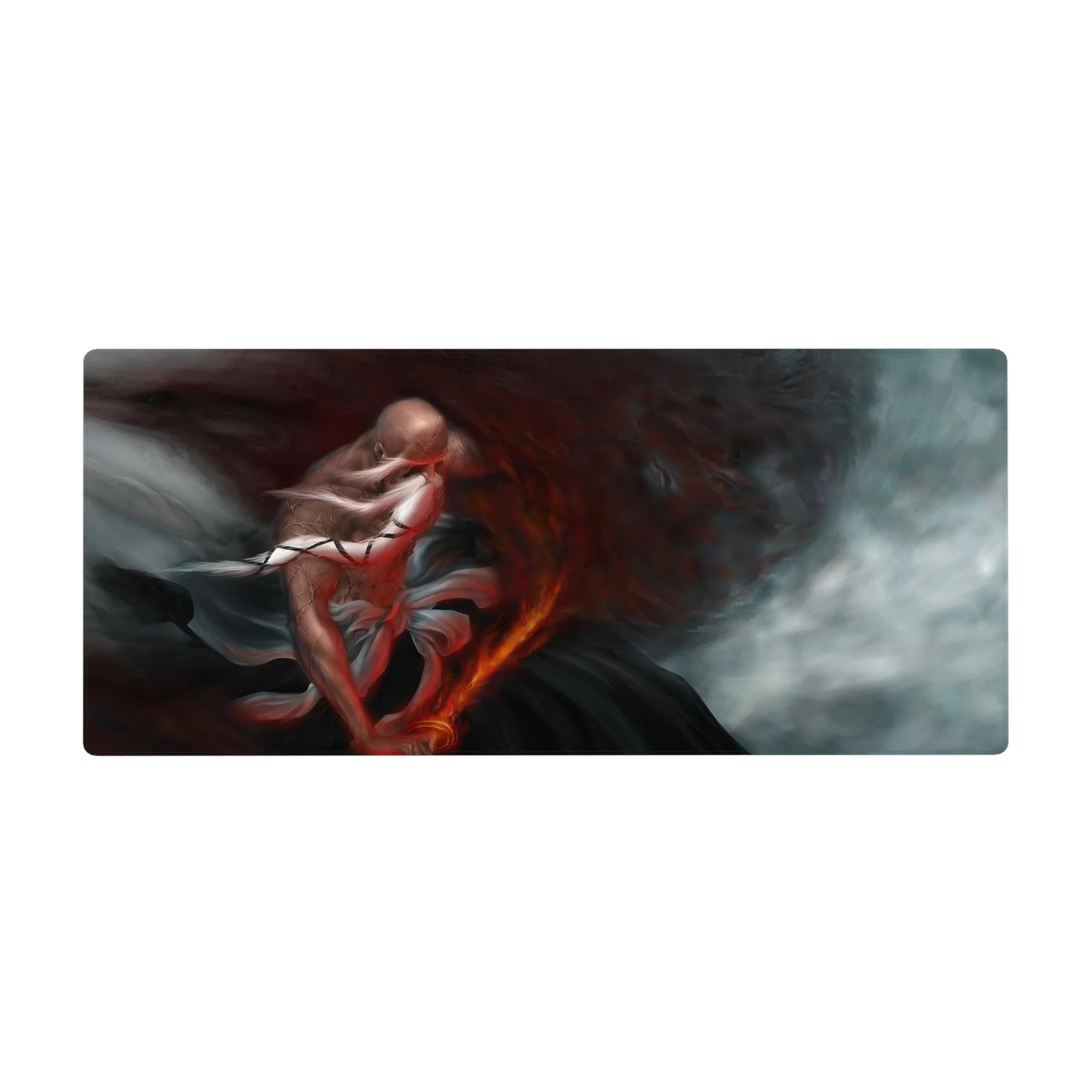 Desk pad featuring Yamamoto from Bleach, size 36x16 inches, with cracked skin, blazing sword, and swirling red ash.