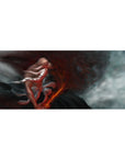 Desk pad featuring Yamamoto from Bleach, size 36x16 inches, with cracked skin, blazing sword, and swirling red ash.