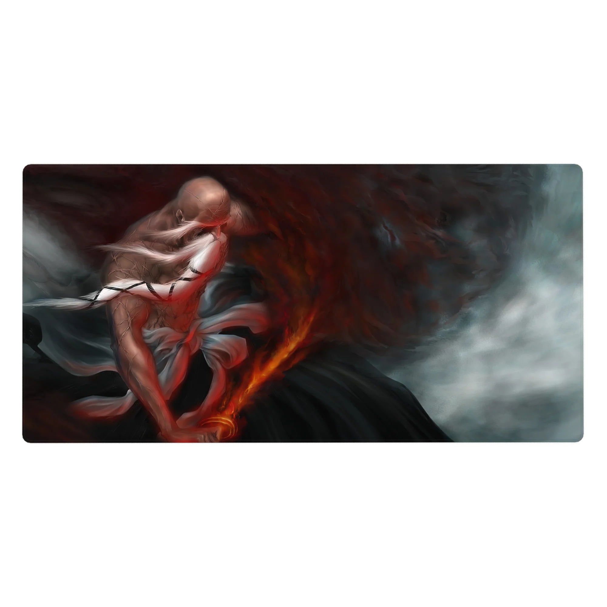 Anime mouse pad 40x20 inches featuring Yamamoto from Bleach, showing cracked skin, blazing sword, and red ash storm.