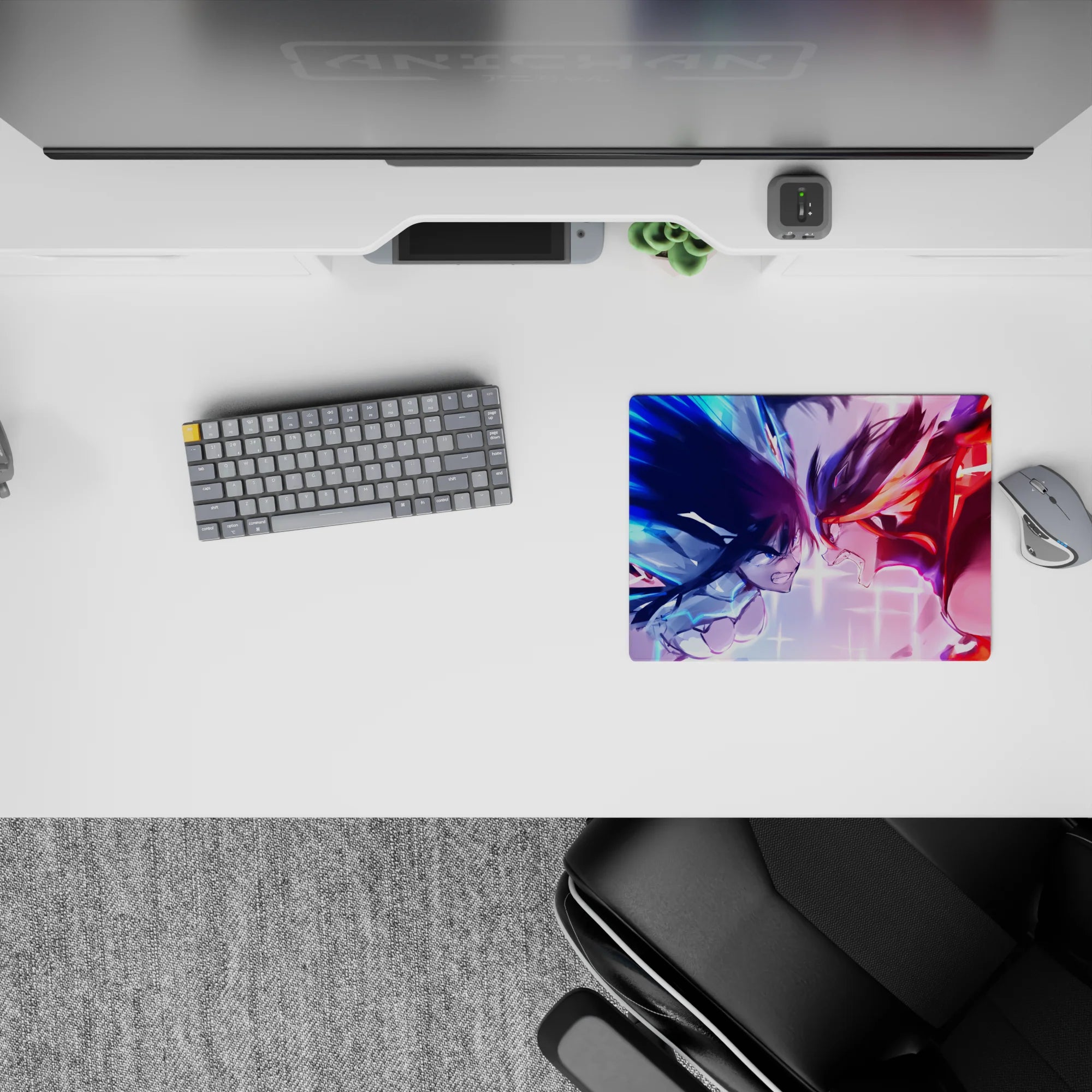14x10 inches anime mouse pad in electric blue vs hot red, crackling energy and high-adrenaline vibe.