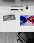 14x10 inches anime mouse pad in electric blue vs hot red, crackling energy and high-adrenaline vibe.