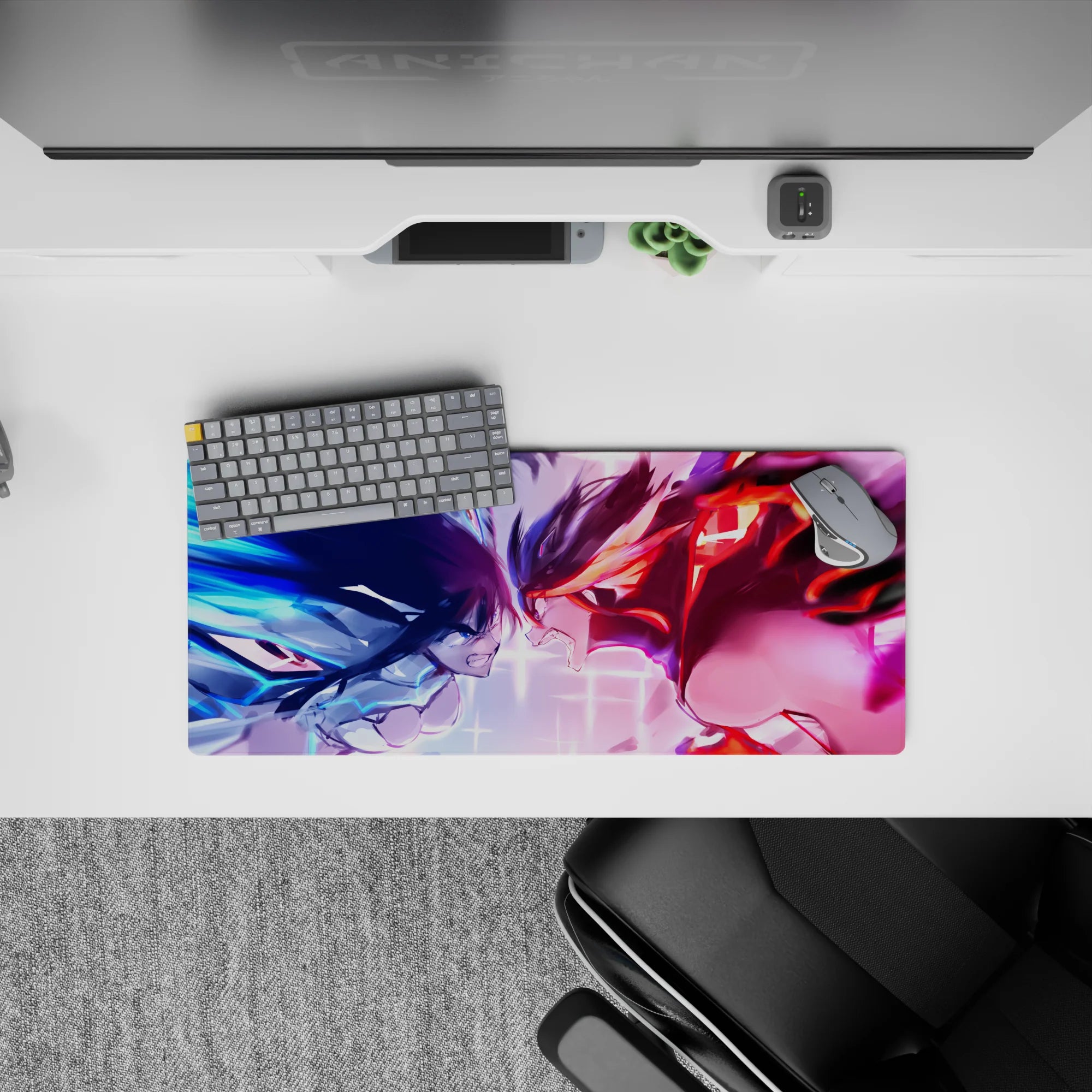28x12 inches anime girl mouse pad in electric blue vs hot red, crackling energy and high-adrenaline vibe.