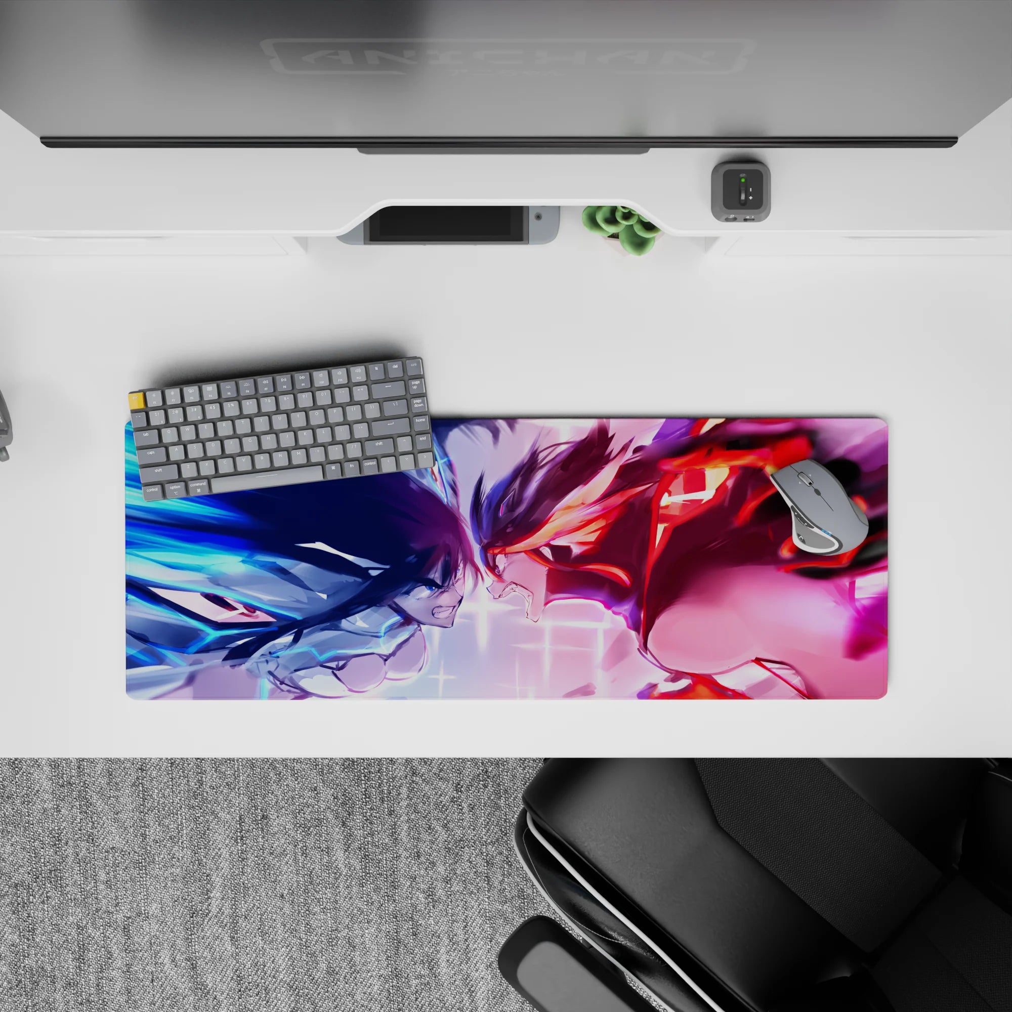 Anime girl mouse pad 32x12 inches in electric blue vs hot red tones, crackling energy and high-adrenaline vibe.