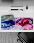 Anime girl mouse pad 32x12 inches in electric blue vs hot red tones, crackling energy and high-adrenaline vibe.