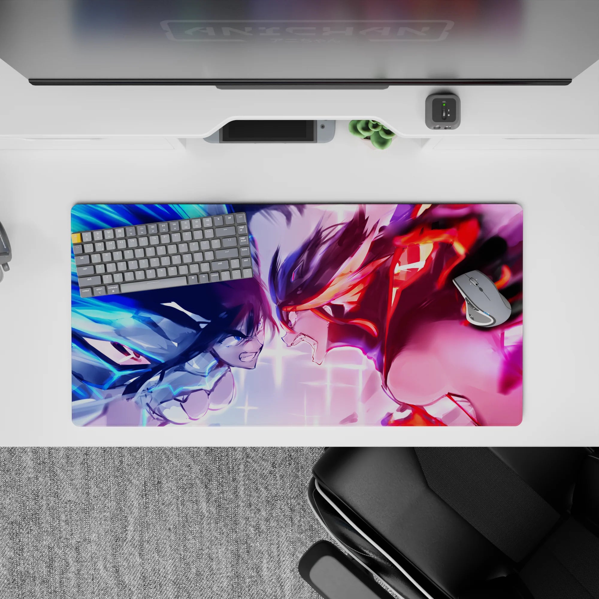 32x16 inches anime girl mouse pad in electric blue vs hot red, crackling energy and high-adrenaline mood.
