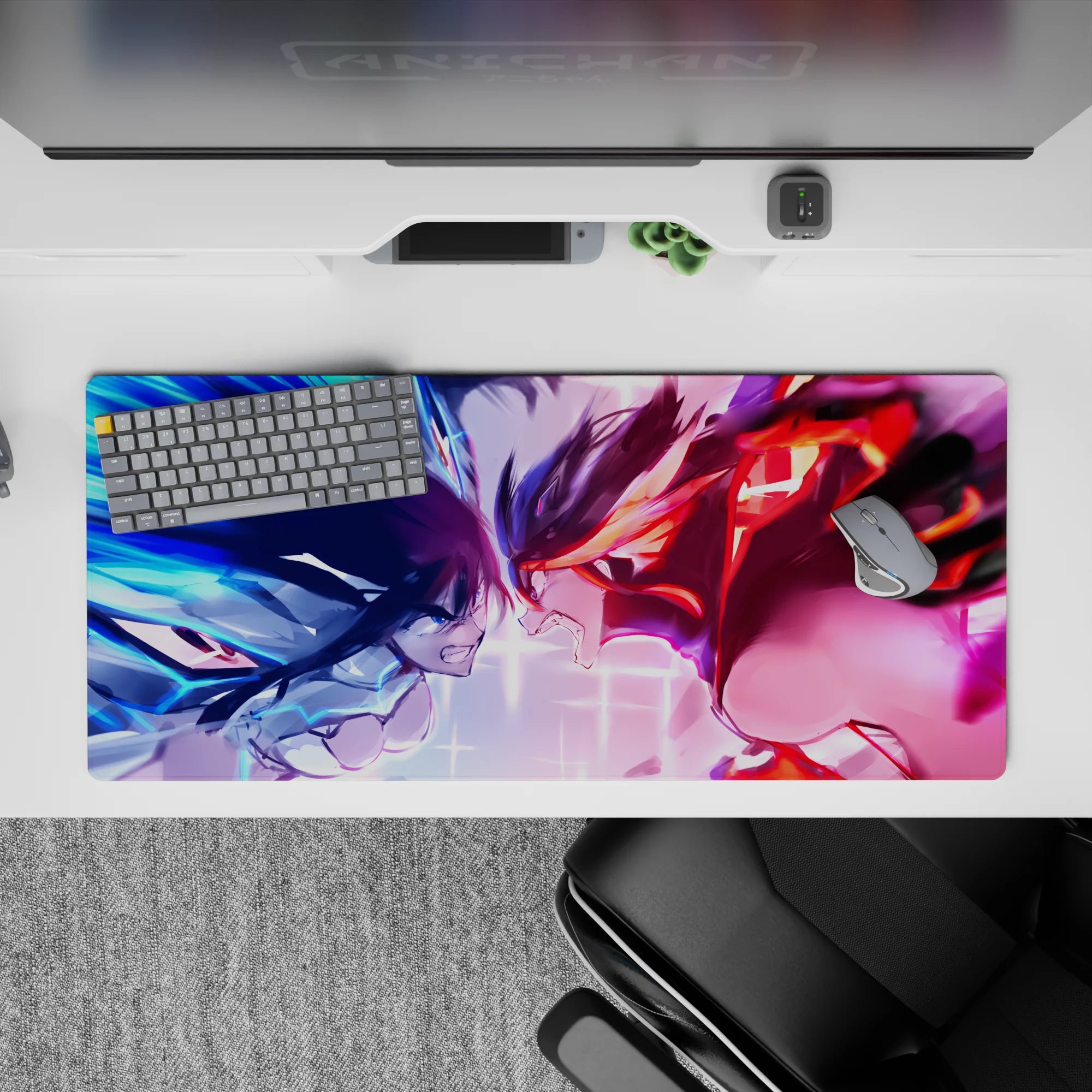 Electric blue vs hot red anime girl desk pad, high-adrenaline neon glow, 36x16 inches.
