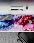 Electric blue vs hot red anime girl desk pad, high-adrenaline neon glow, 36x16 inches.