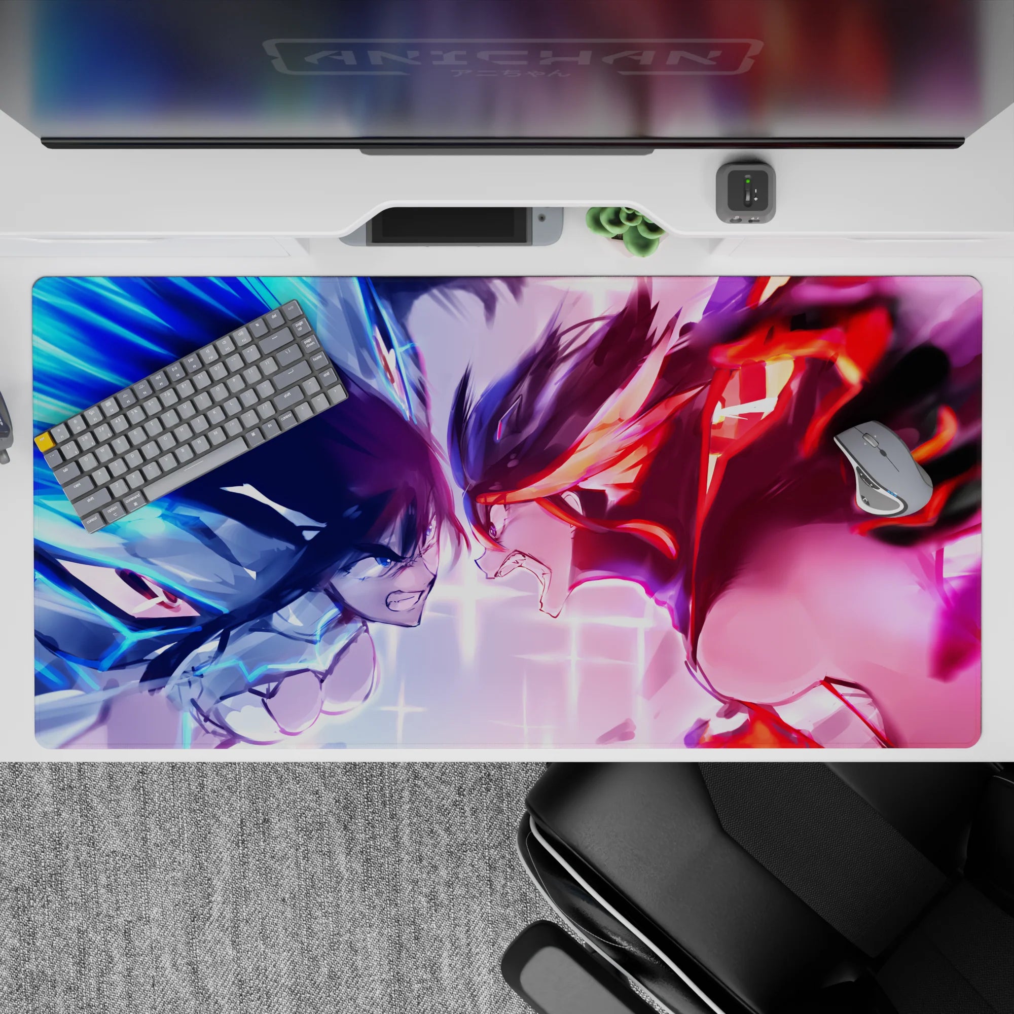 40x20 inches anime desk pad in electric blue vs hot red, crackling energy, intense cyberpunk vibe.