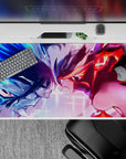 40x20 inches anime desk pad in electric blue vs hot red, crackling energy, intense cyberpunk vibe.
