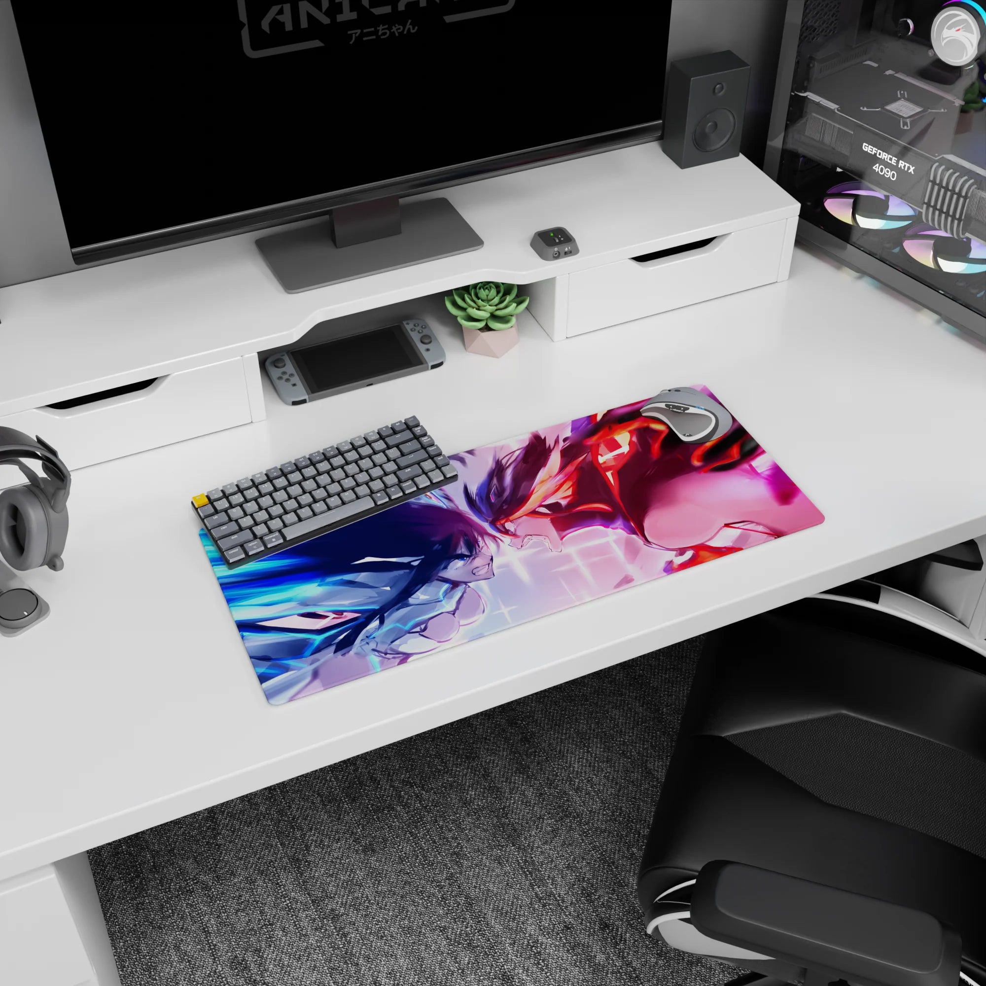 28x12 inches anime girl mouse pad showing two fierce girls locked eye-to-eye, teeth clenched in neon standoff.