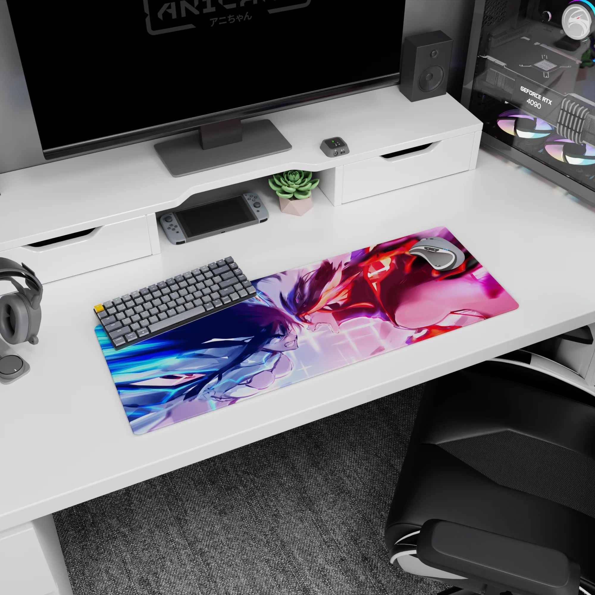 Anime girl mouse pad 32x12 inches showing two fierce anime girls locking eyes, hair whipping, teeth clenched.