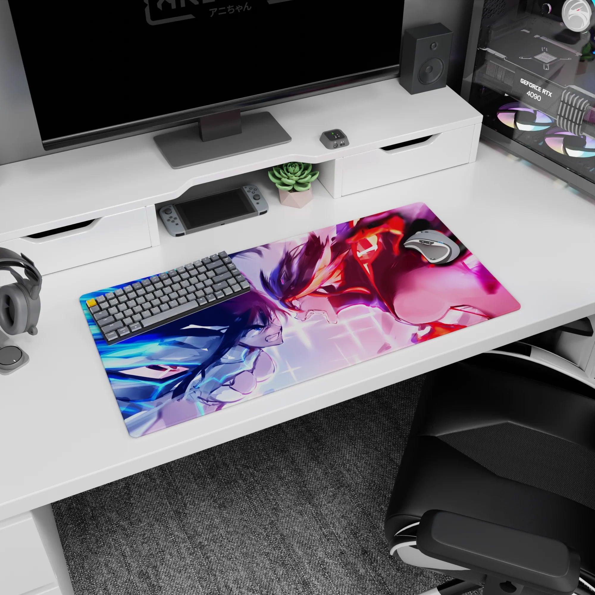 32x16 inches anime girl mouse pad showing two anime girls locked eye-to-eye, clenched teeth, armor and sparks.